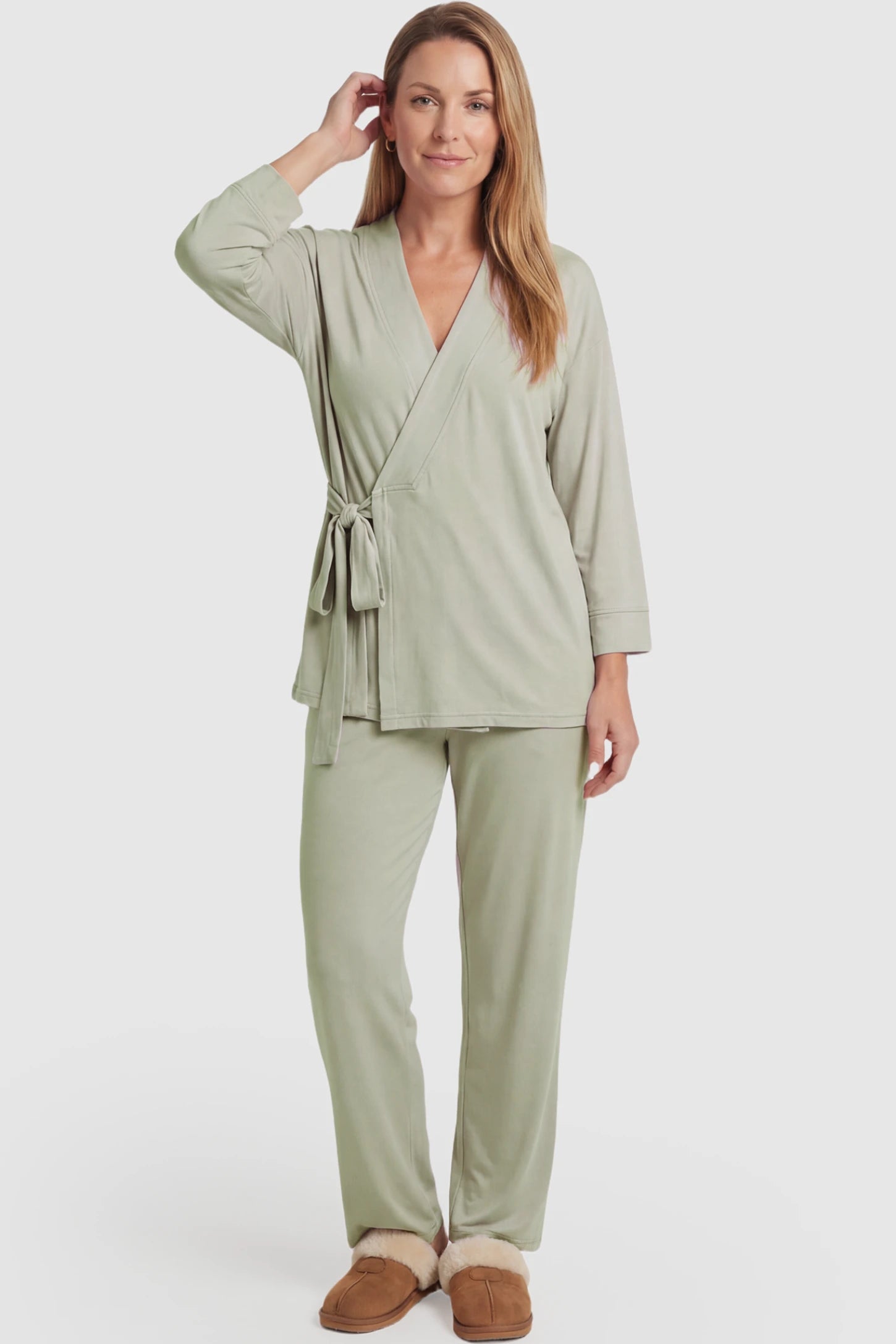 Cotton Wrap Front Long Sleeve Top Wide Leg Pants Maternity Sleepwear Cotton Wrap Front Long Sleeve Top Wide Leg Pants Maternity Sleepwear in Pale Olive featuring natural cotton fabric on a postpartum model showing front.