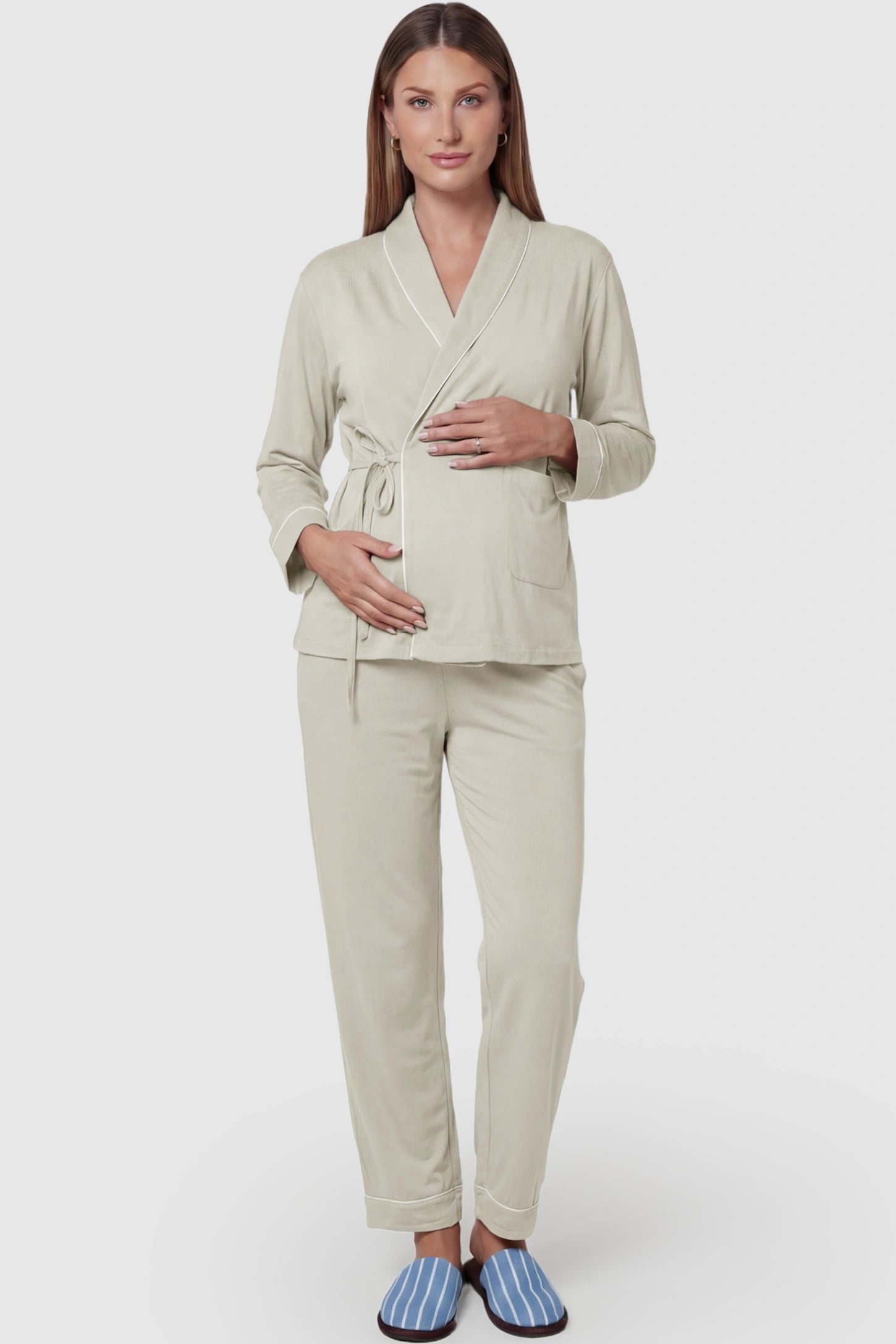 Cotton Wrap Front Long Sleeve Top Wide Leg Pants Maternity Sleepwear Cotton Wrap Front Long Sleeve Top Wide Leg Pants Maternity Sleepwear in light green featuring natural cotton fabric on a pregnant model showing front.