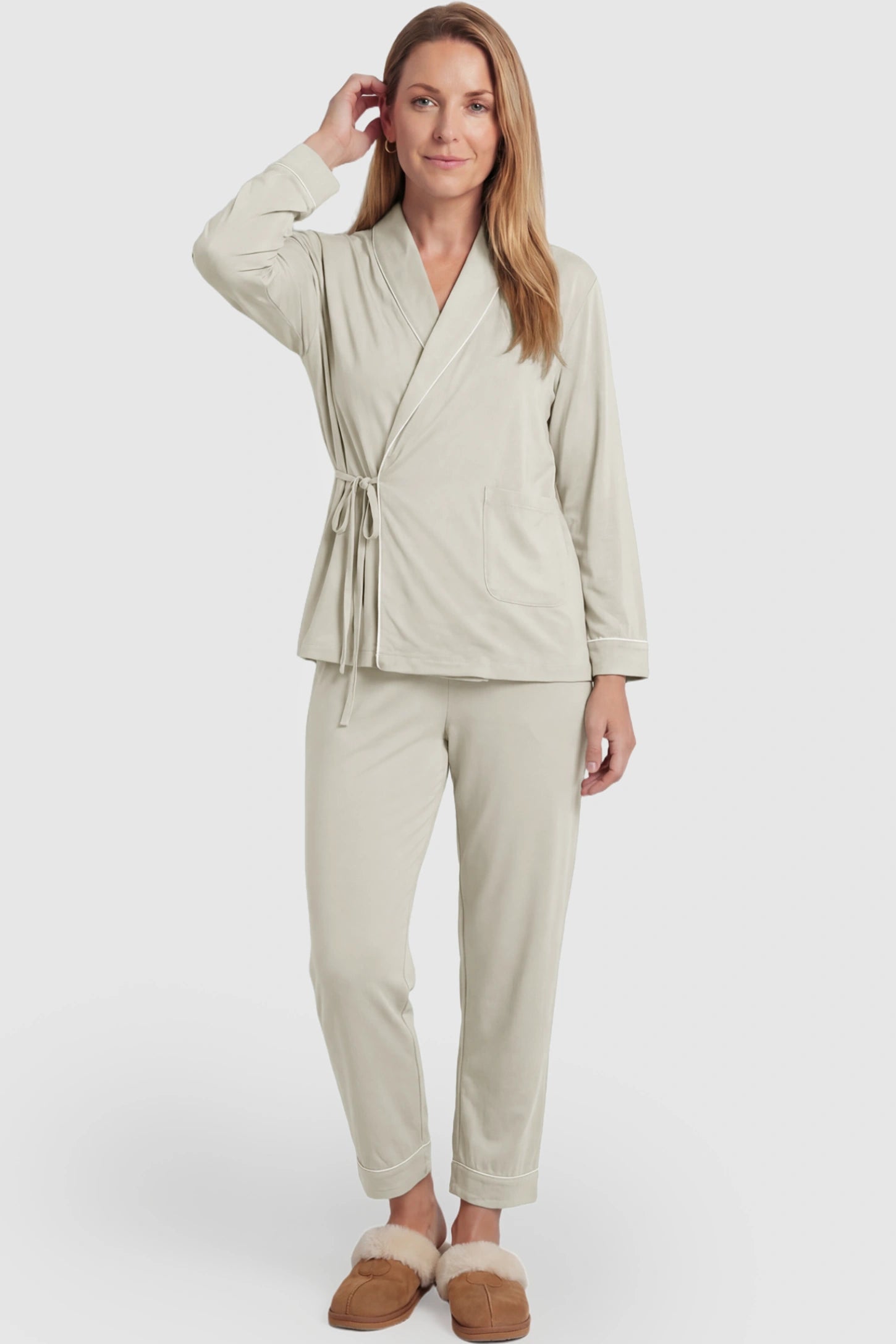Cotton Wrap Front Long Sleeve Top Wide Leg Pants Maternity Sleepwear Cotton Wrap Front Long Sleeve Top Wide Leg Pants Maternity Sleepwear in light green featuring natural cotton fabric on a postpartum model showing front.