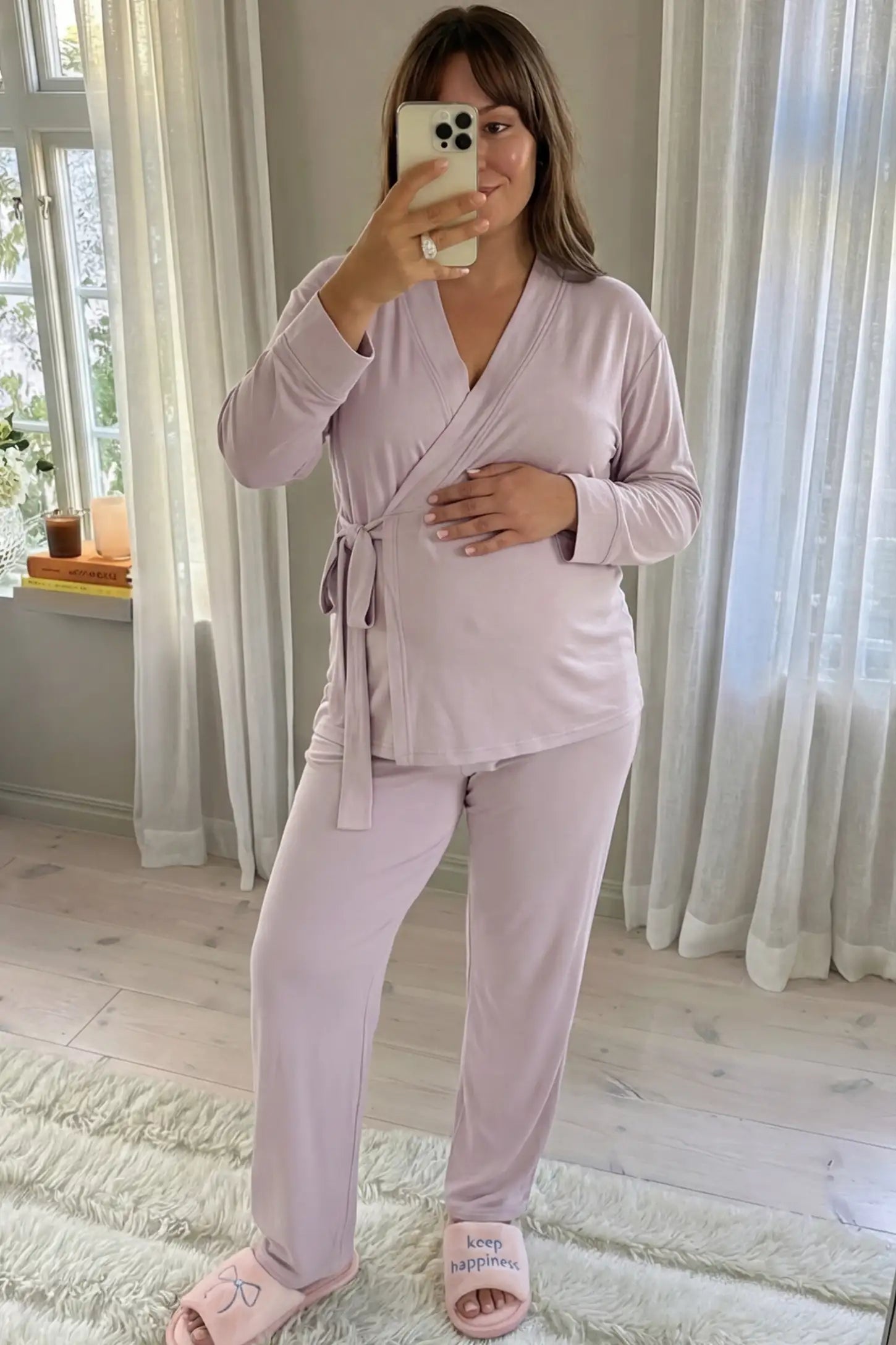 Cotton Wrap Front Long Sleeve Top Wide Leg Pants Maternity Sleepwear Cotton Wrap Front Long Sleeve Top Wide Leg Pants Maternity Sleepwear in light purple featuring natural cotton fabric on a pregnant woman showing front.