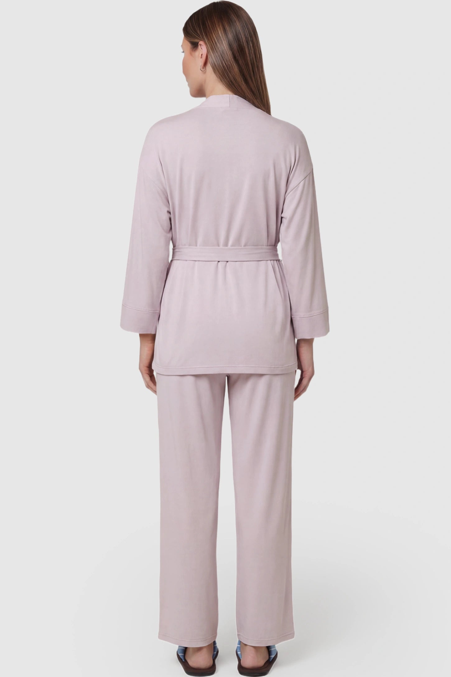 Cotton Wrap Front Long Sleeve Top Wide Leg Pants Maternity Sleepwear Cotton Wrap Front Long Sleeve Top Wide Leg Pants Maternity Sleepwear in light purple featuring natural cotton fabric on a pregnant model showing back.