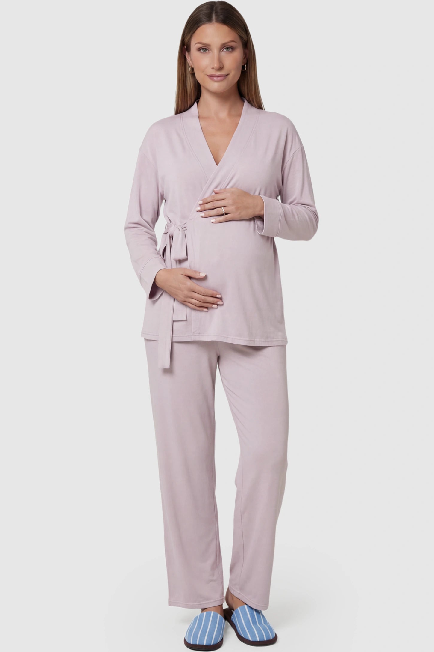 Cotton Wrap Front Long Sleeve Top Wide Leg Pants Maternity Sleepwear Cotton Wrap Front Long Sleeve Top Wide Leg Pants Maternity Sleepwear in light purple featuring natural cotton fabric on a pregnant model showing front.