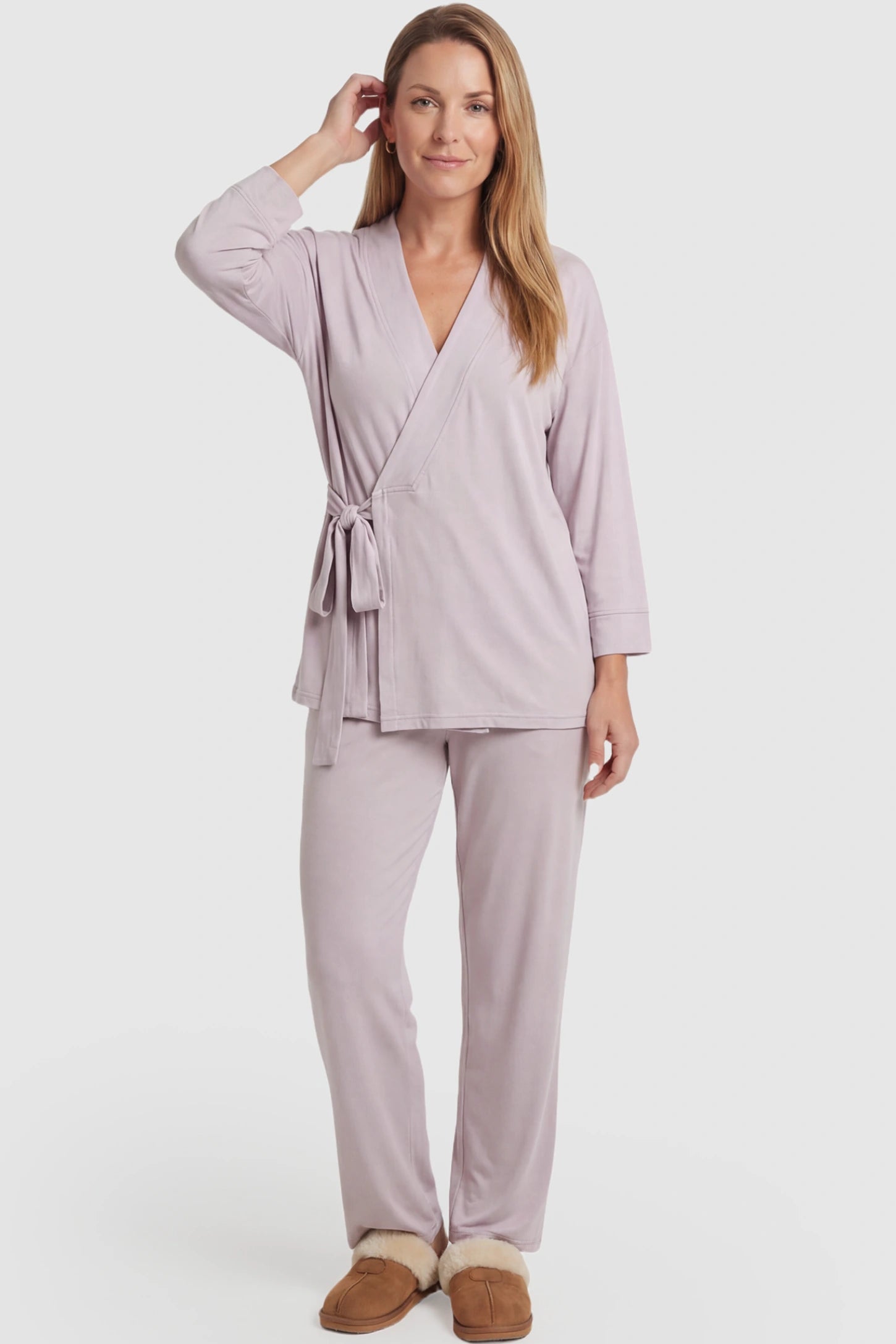 Cotton Wrap Front Long Sleeve Top Wide Leg Pants Maternity Sleepwear Cotton Wrap Front Long Sleeve Top Wide Leg Pants Maternity Sleepwear in light purple featuring natural cotton fabric on a postpartum model showing front.