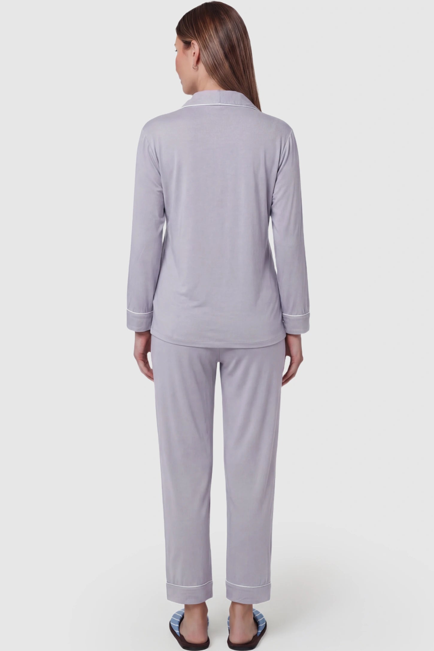 Cotton Wrap Front Long Sleeve Top Wide Leg Pants Maternity Sleepwear Cotton Wrap Front Long Sleeve Top Wide Leg Pants Maternity Sleepwear in purple featuring natural cotton fabric on a pregnant model showing back.