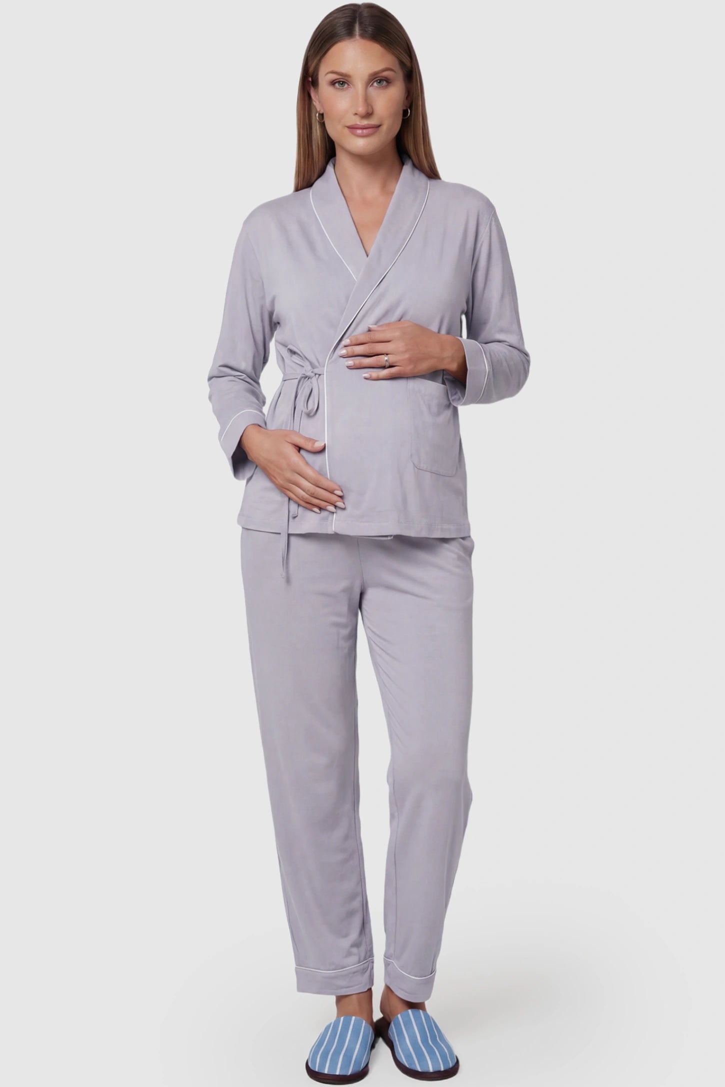 Cotton Wrap Front Long Sleeve Top Wide Leg Pants Maternity Sleepwear Cotton Wrap Front Long Sleeve Top Wide Leg Pants Maternity Sleepwear in purple featuring natural cotton fabric on a pregnant model showing front.