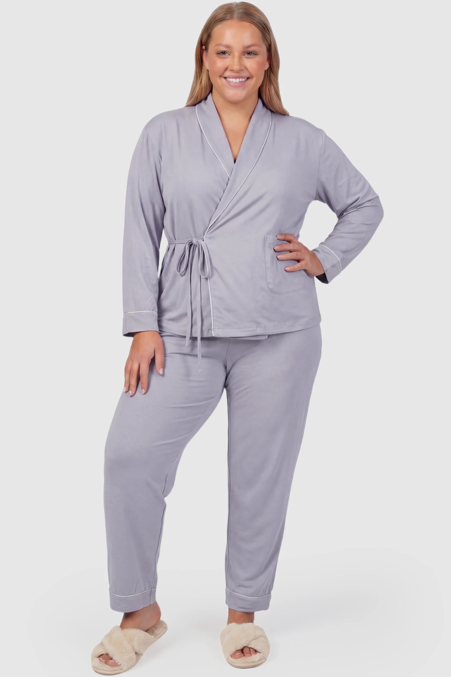 Cotton Wrap Front Long Sleeve Top Wide Leg Pants Maternity Sleepwear Cotton Wrap Front Long Sleeve Top Wide Leg Pants Maternity Sleepwear in purple featuring natural cotton fabric on a plus size model showing front.