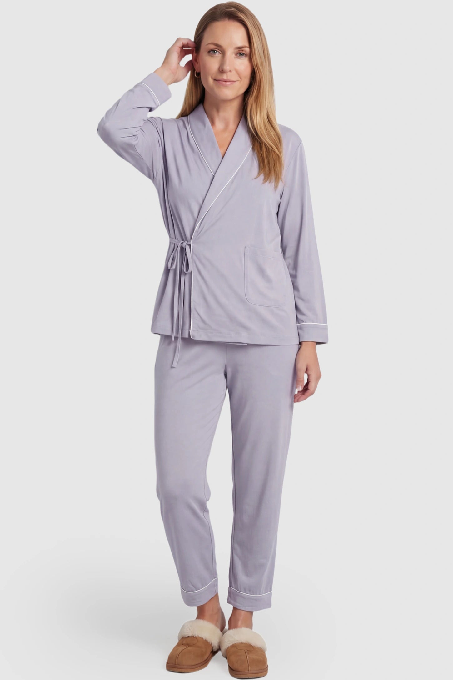 Cotton Wrap Front Long Sleeve Top Wide Leg Pants Maternity Sleepwear Cotton Wrap Front Long Sleeve Top Wide Leg Pants Maternity Sleepwear in purple featuring natural cotton fabric on a postpartum model showing front.