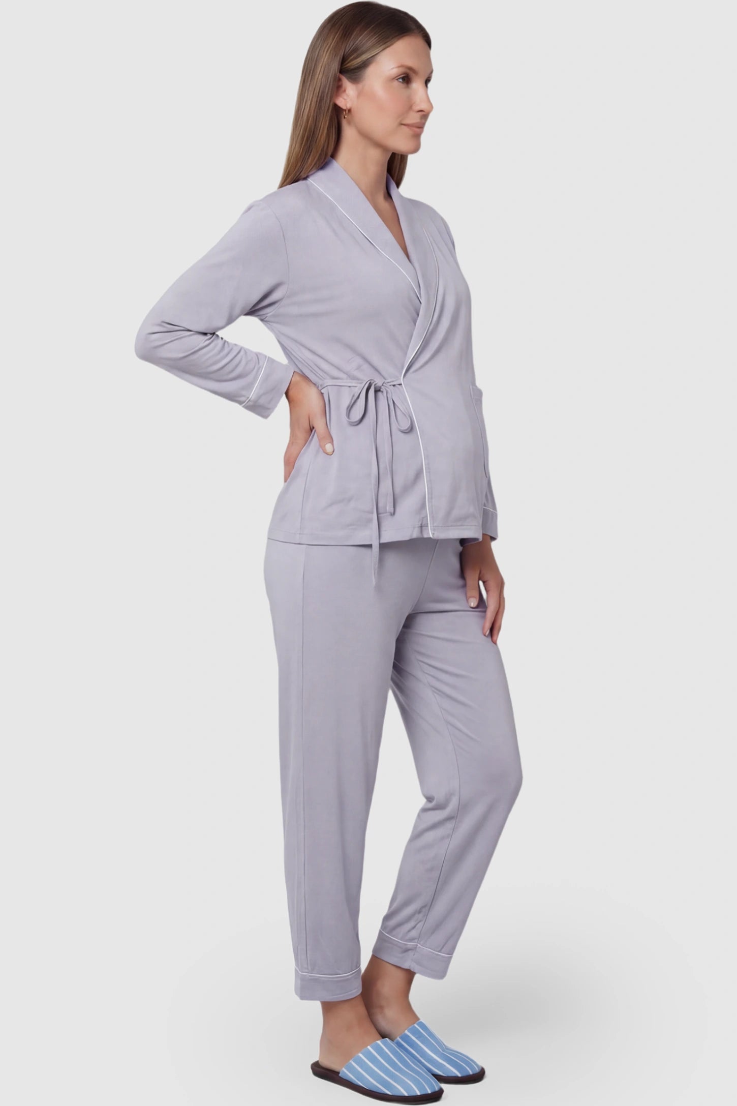 Cotton Wrap Front Long Sleeve Top Wide Leg Pants Maternity Sleepwear Cotton Wrap Front Long Sleeve Top Wide Leg Pants Maternity Sleepwear in purple featuring natural cotton fabric on a pregnant model showing side.