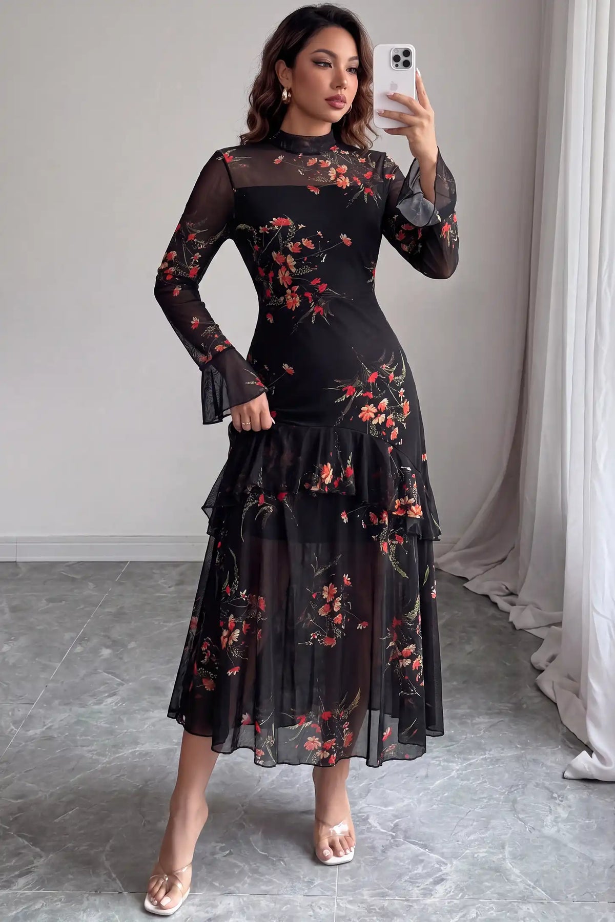 High Neck Long Sleeve Mesh Floral Maternity Dress