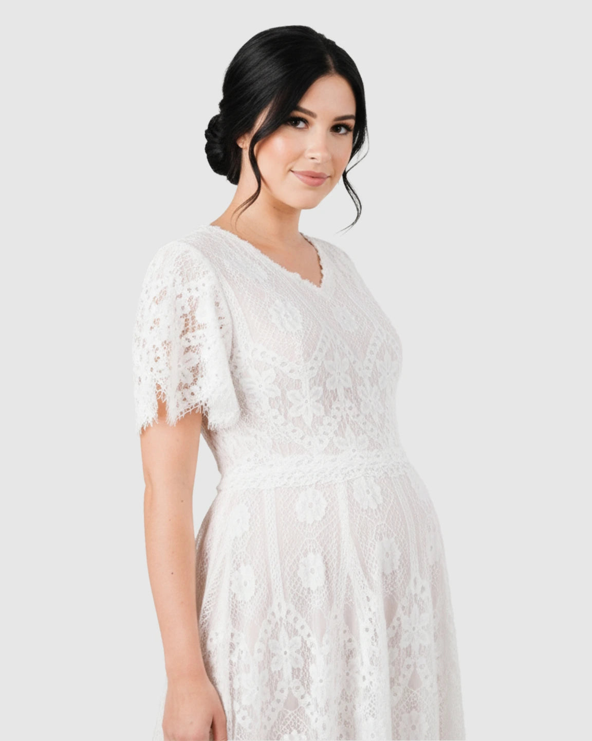 Vintage Lace Flutter-Sleeve Maternity Gown