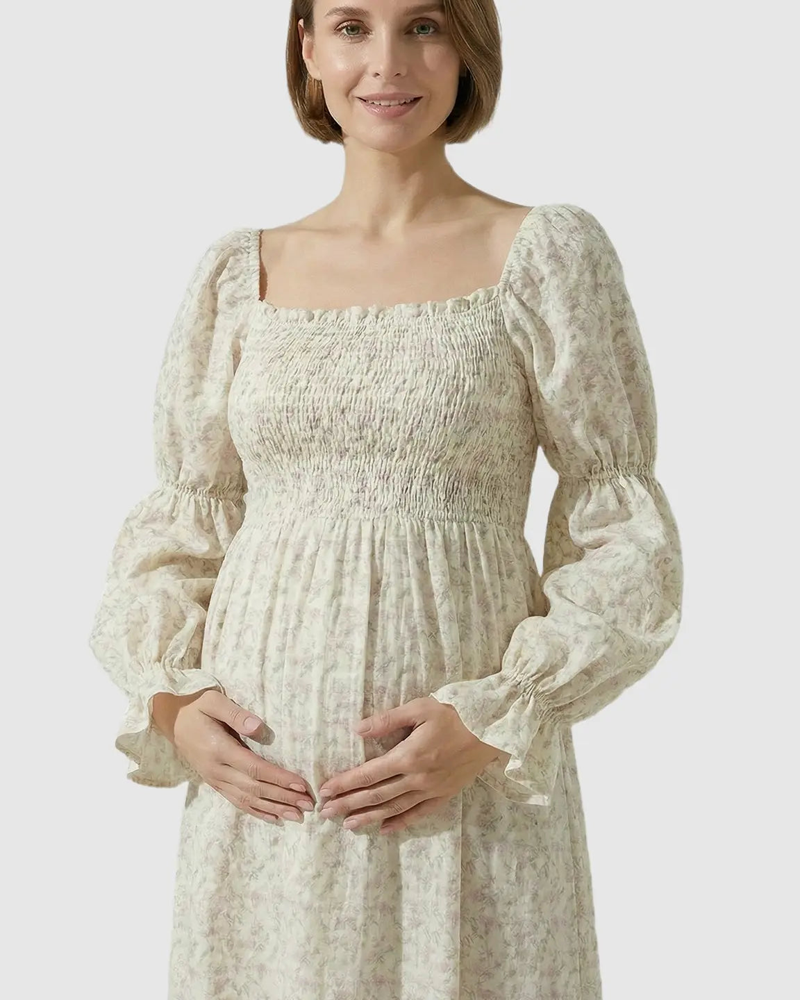 Puff Sleeves Floral Print Maternity Maxi Dress