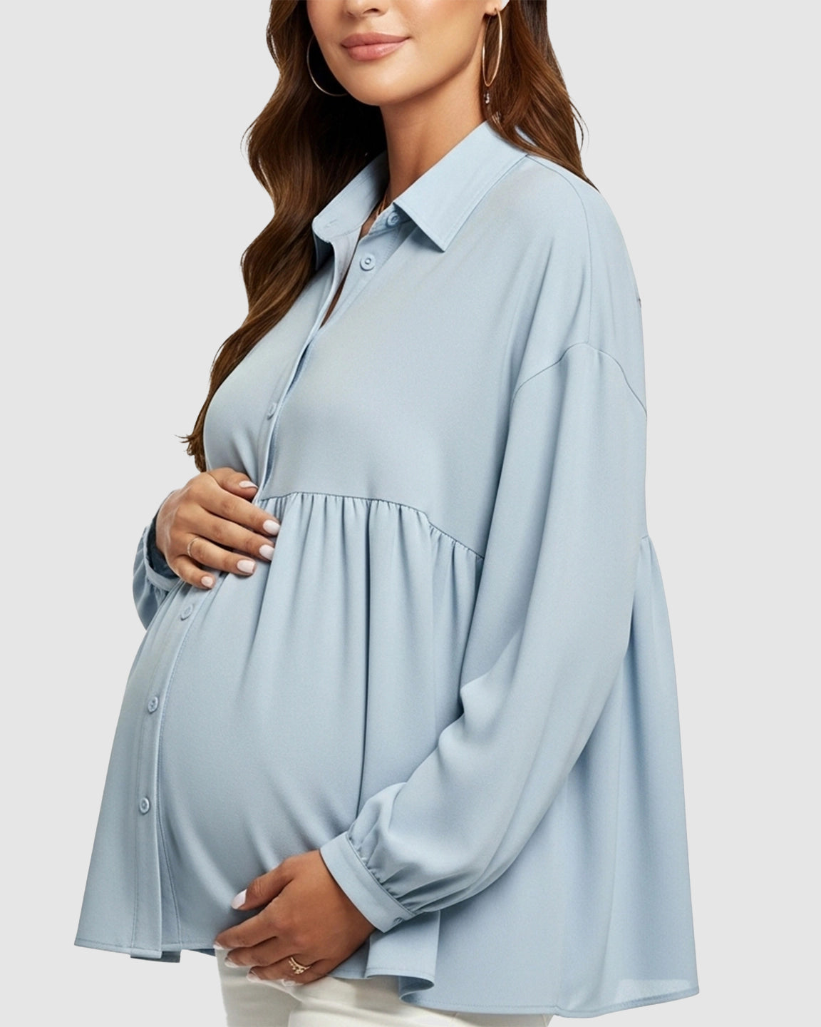 Lapel Long Sleeve Maternity Shirt