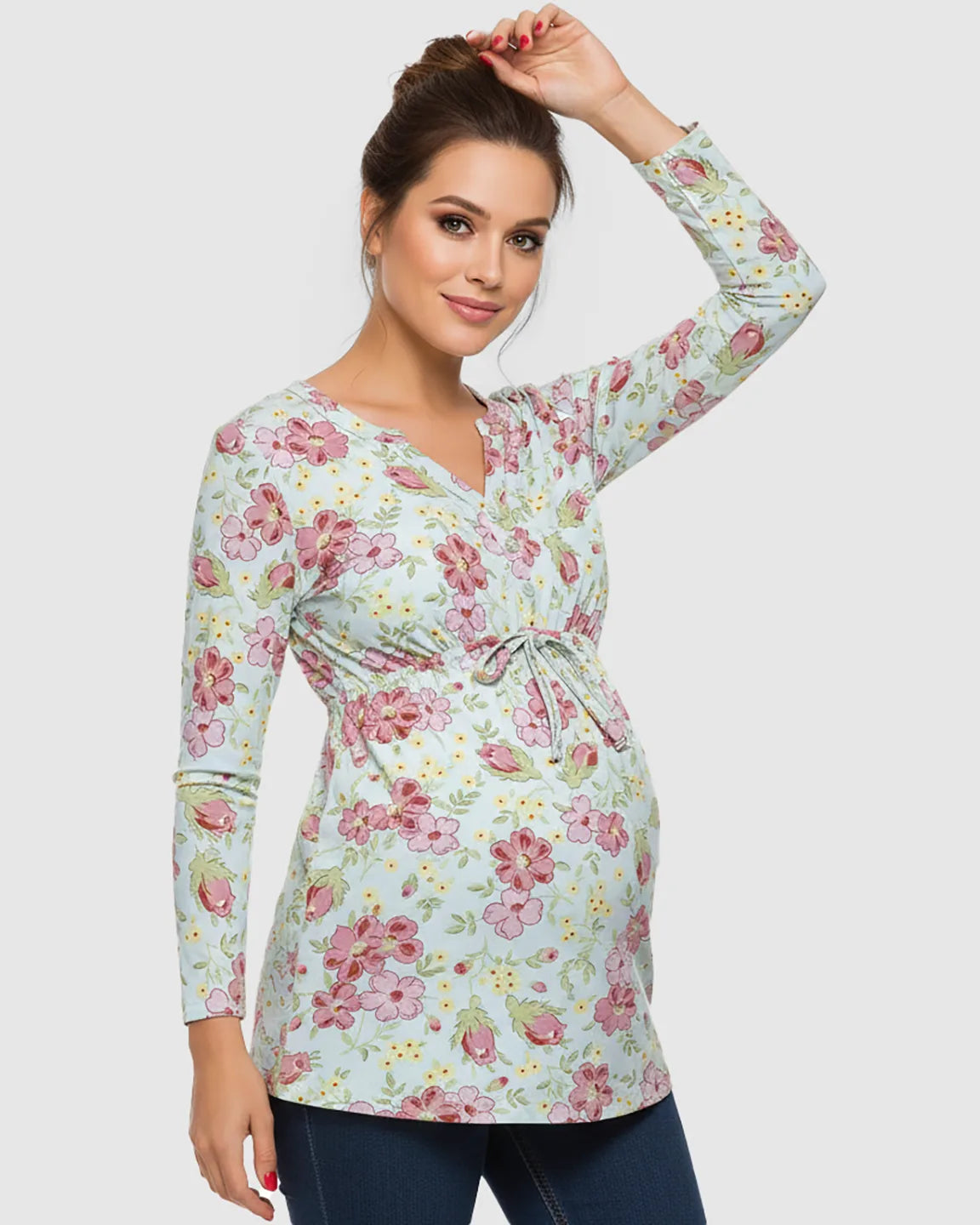 Adjustable Waist Casual Floral Maternity Top