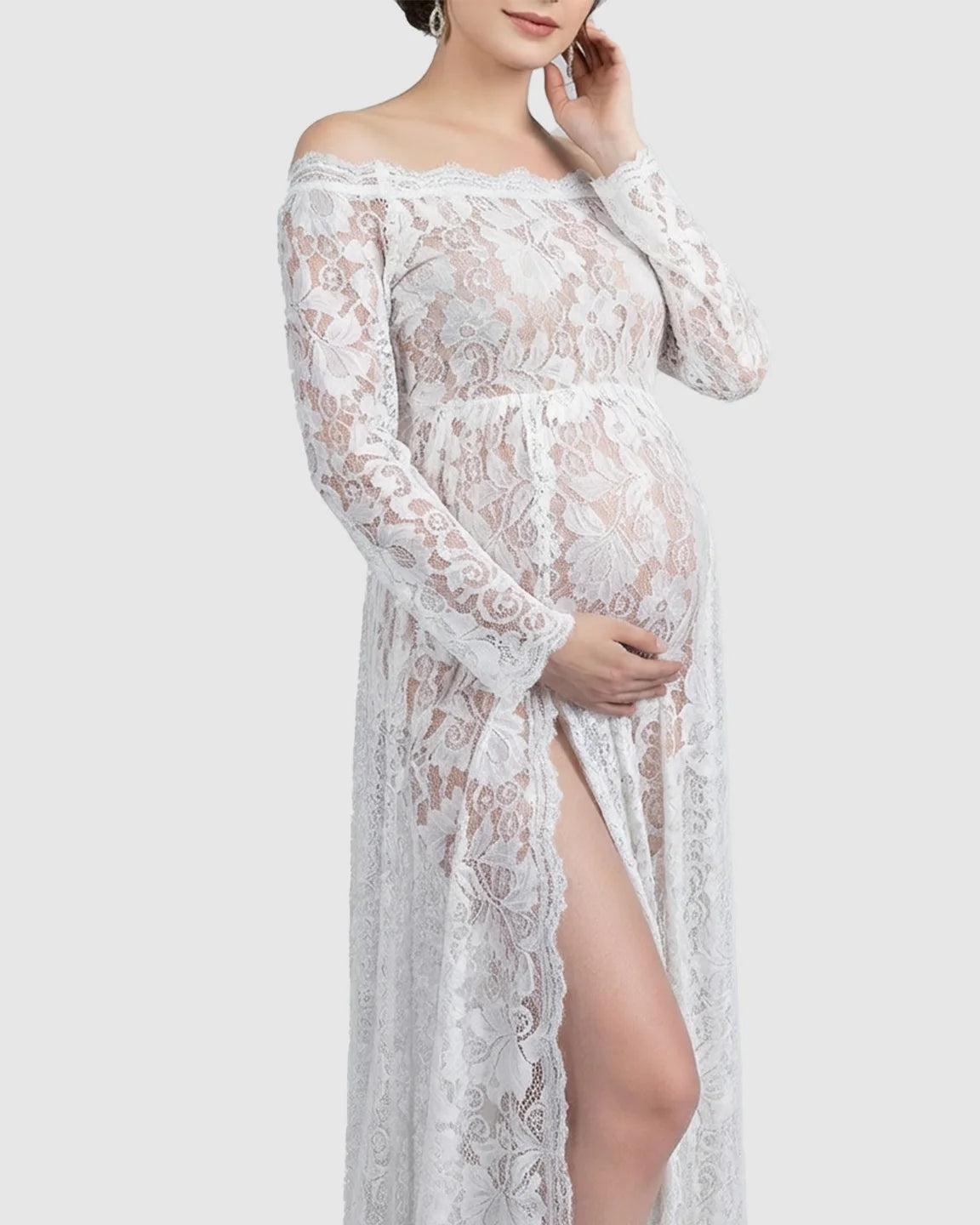Off-Shoulder Lace Slit Maternity Gown