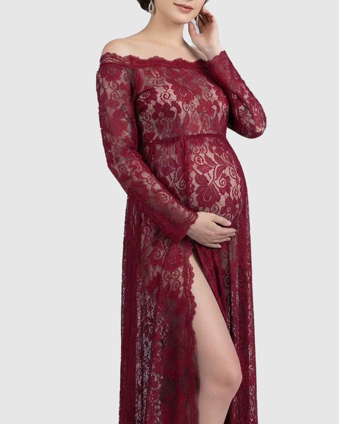 Off-Shoulder Lace Slit Maternity Gown