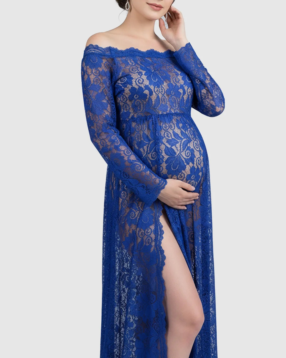 Off-Shoulder Lace Slit Maternity Gown