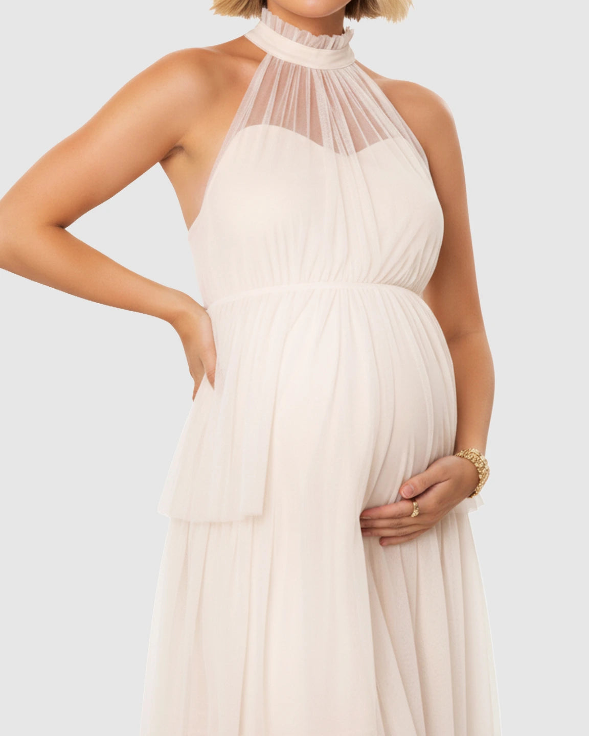 Halter Neck Tiered Mesh Maternity Gown
