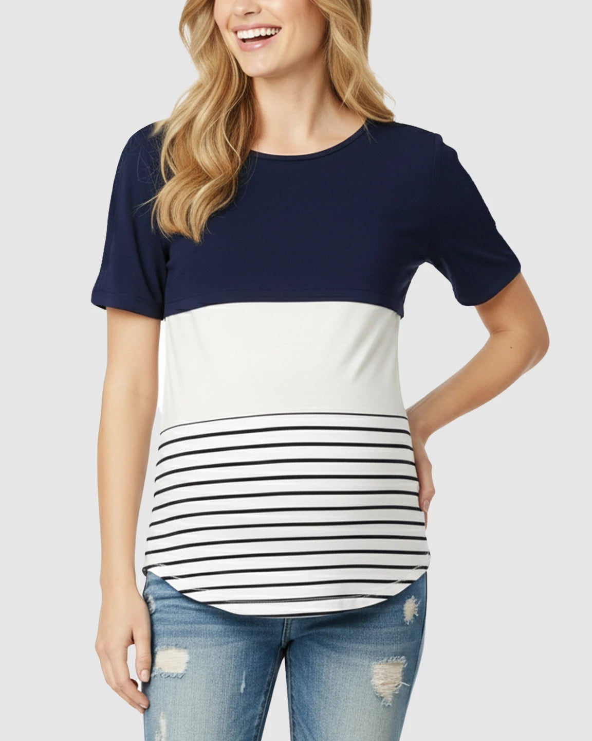 Hidden Nursing Access Colorblock Striped Maternity Top