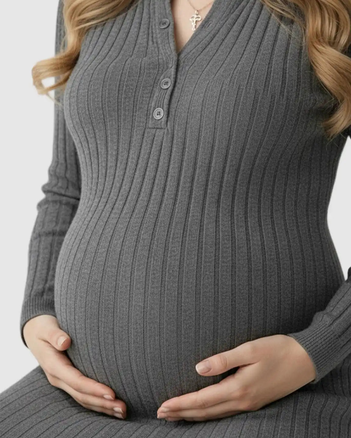 Ribbed Knit A-Line Long Sleeve Maternity Maxi Dress