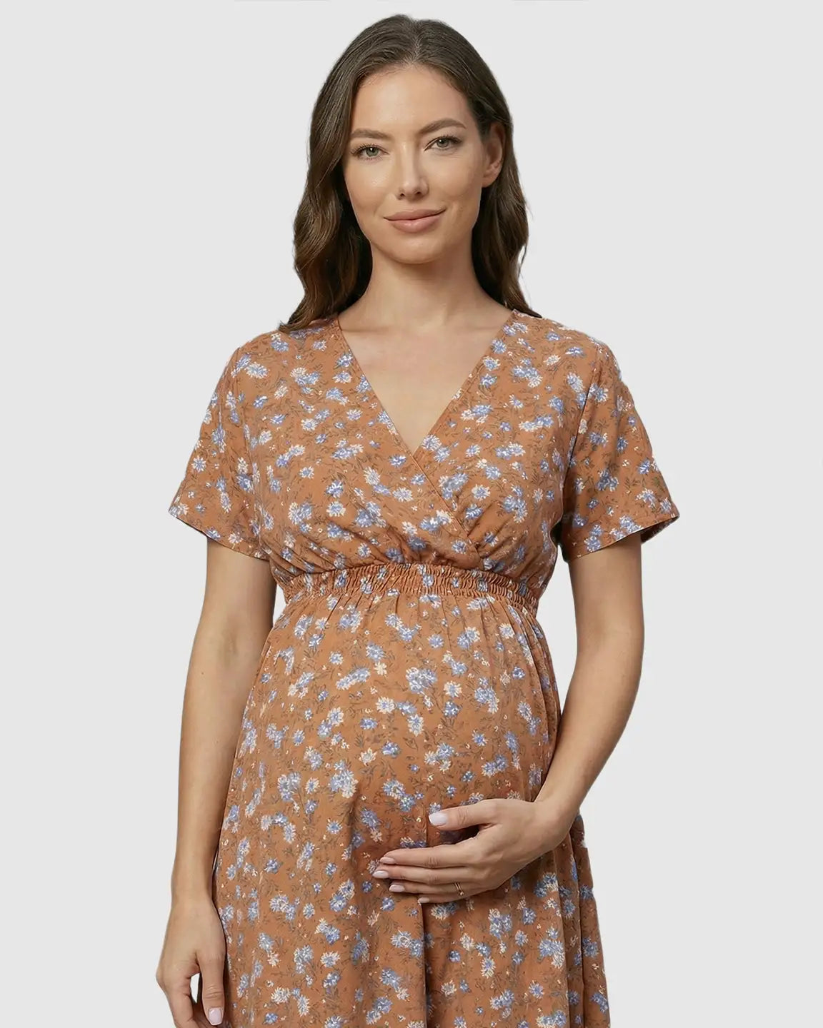 Elastic-Waist Floral Maternity Midi Dress
