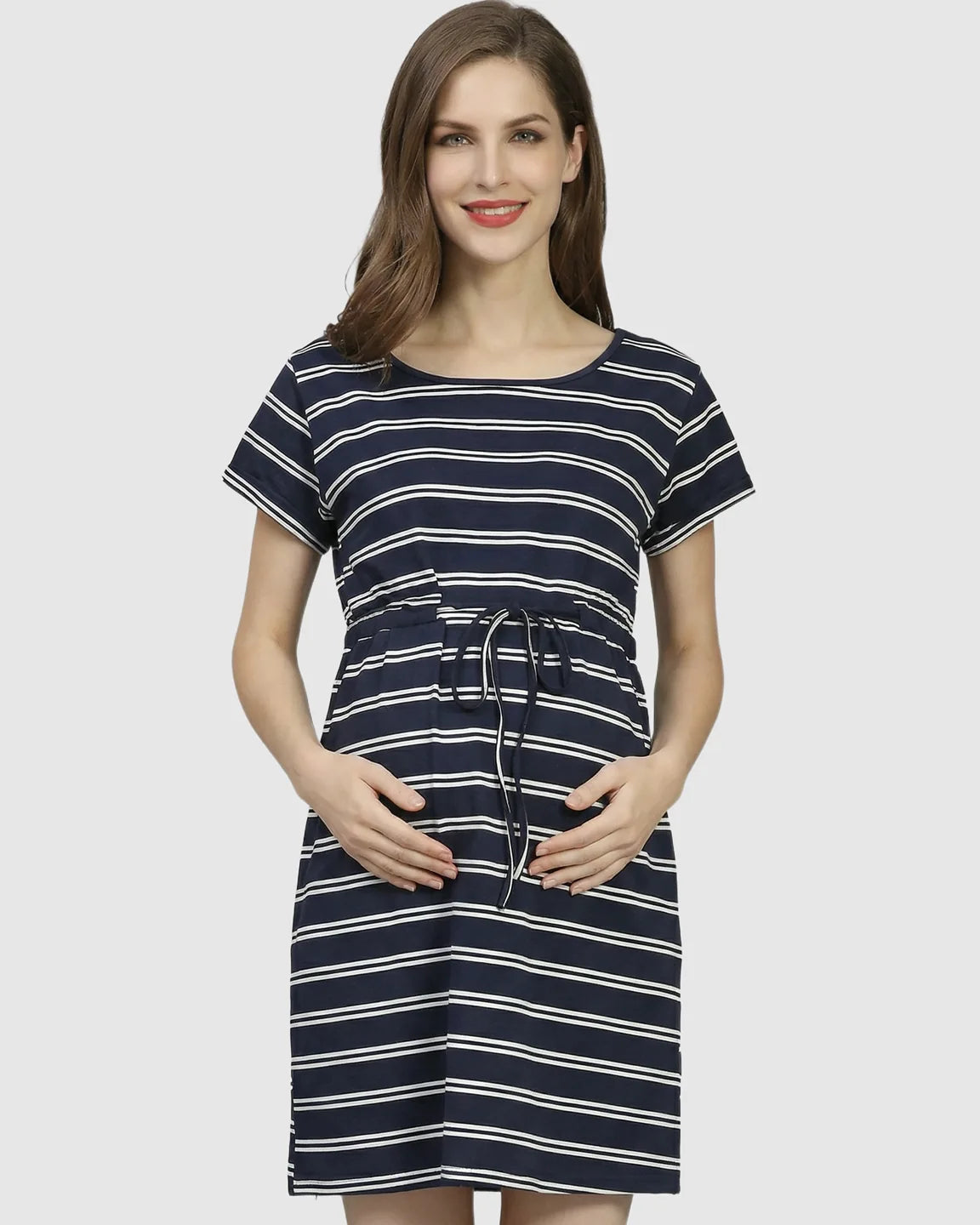 Nautical Striped Drawstring Waist Maternity Dress