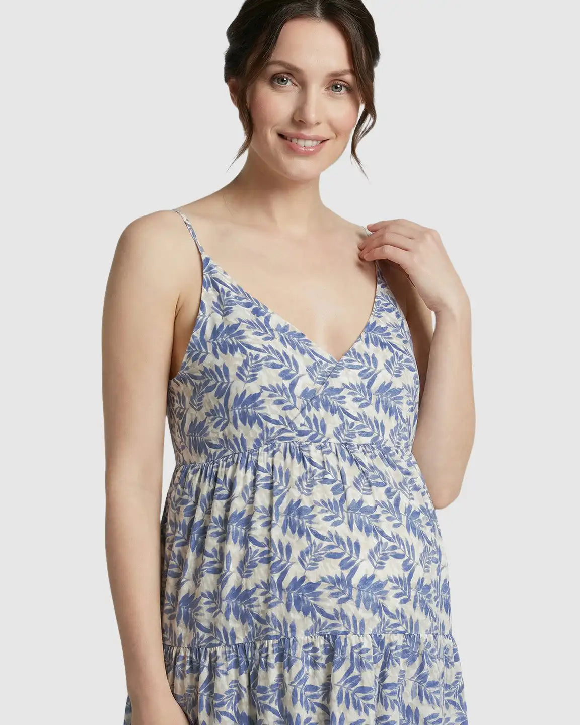 Adjustable-Strap Blue Leaves Print Maternity Nightdress