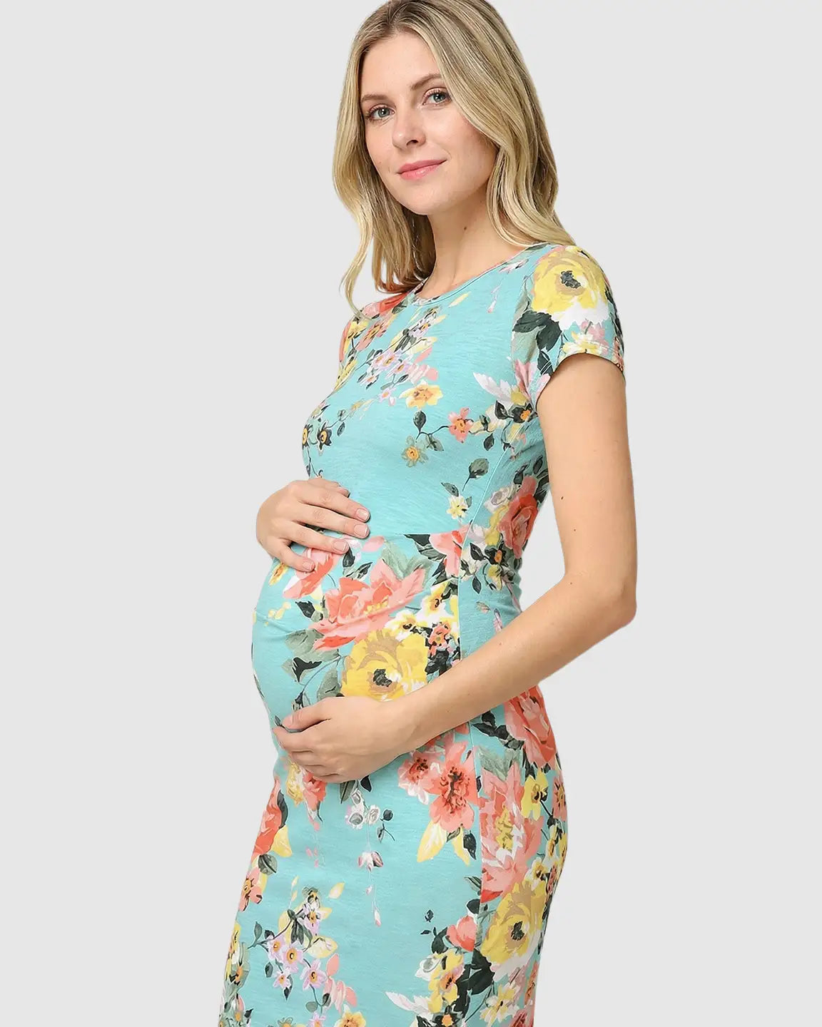 Stretch-Ruched Floral Maternity Midi Dress