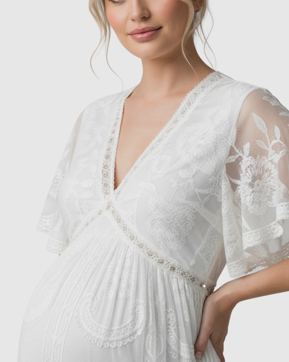 Sheer-Lace Romantic Maternity Maxi Dress