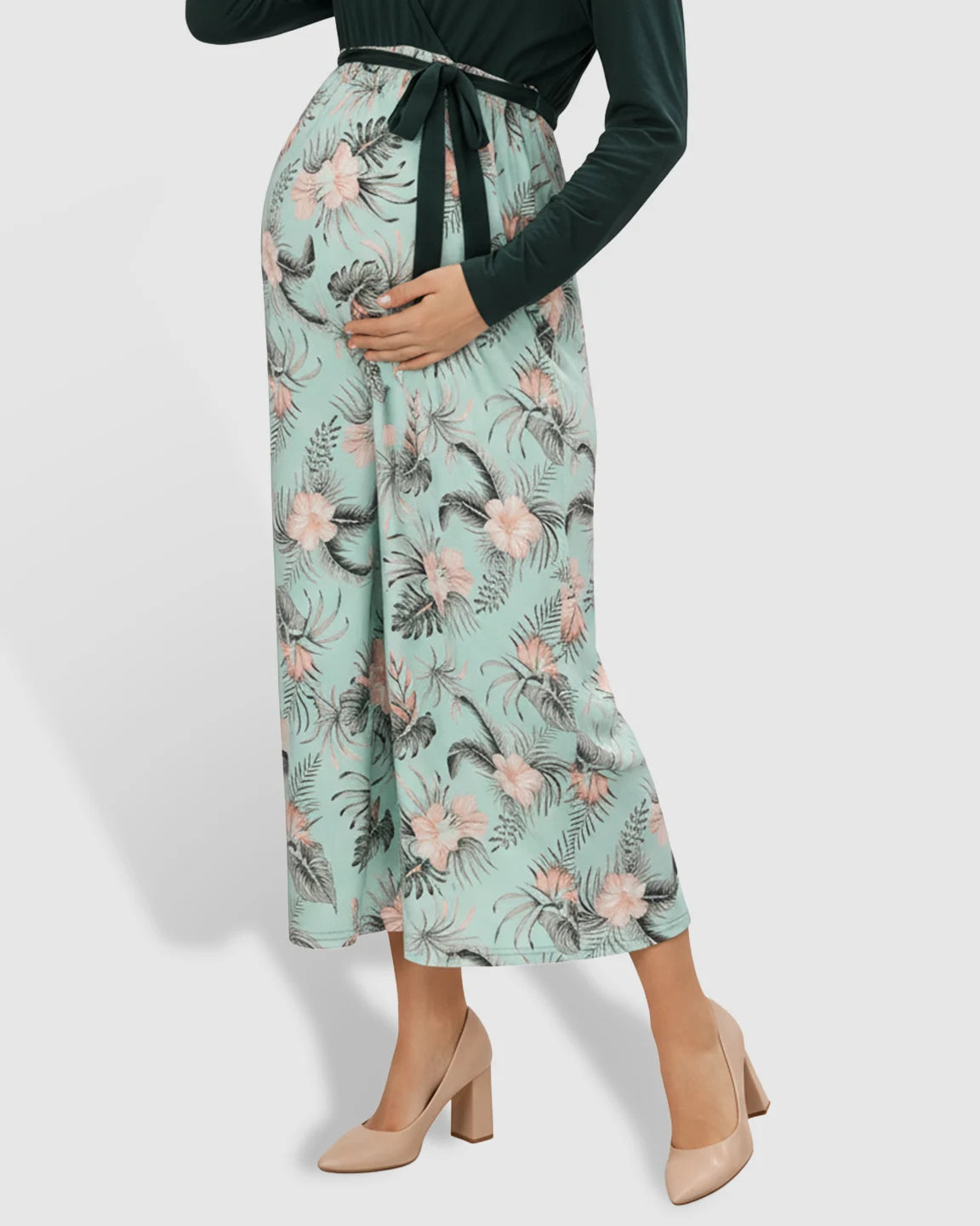 Long-Sleeve V-Neck Floral Maternity Midi Dress