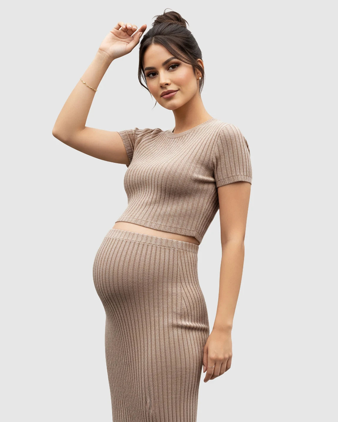 Ribbed Crop Top & Side-Slit Bodycon Maternity Skirt Set