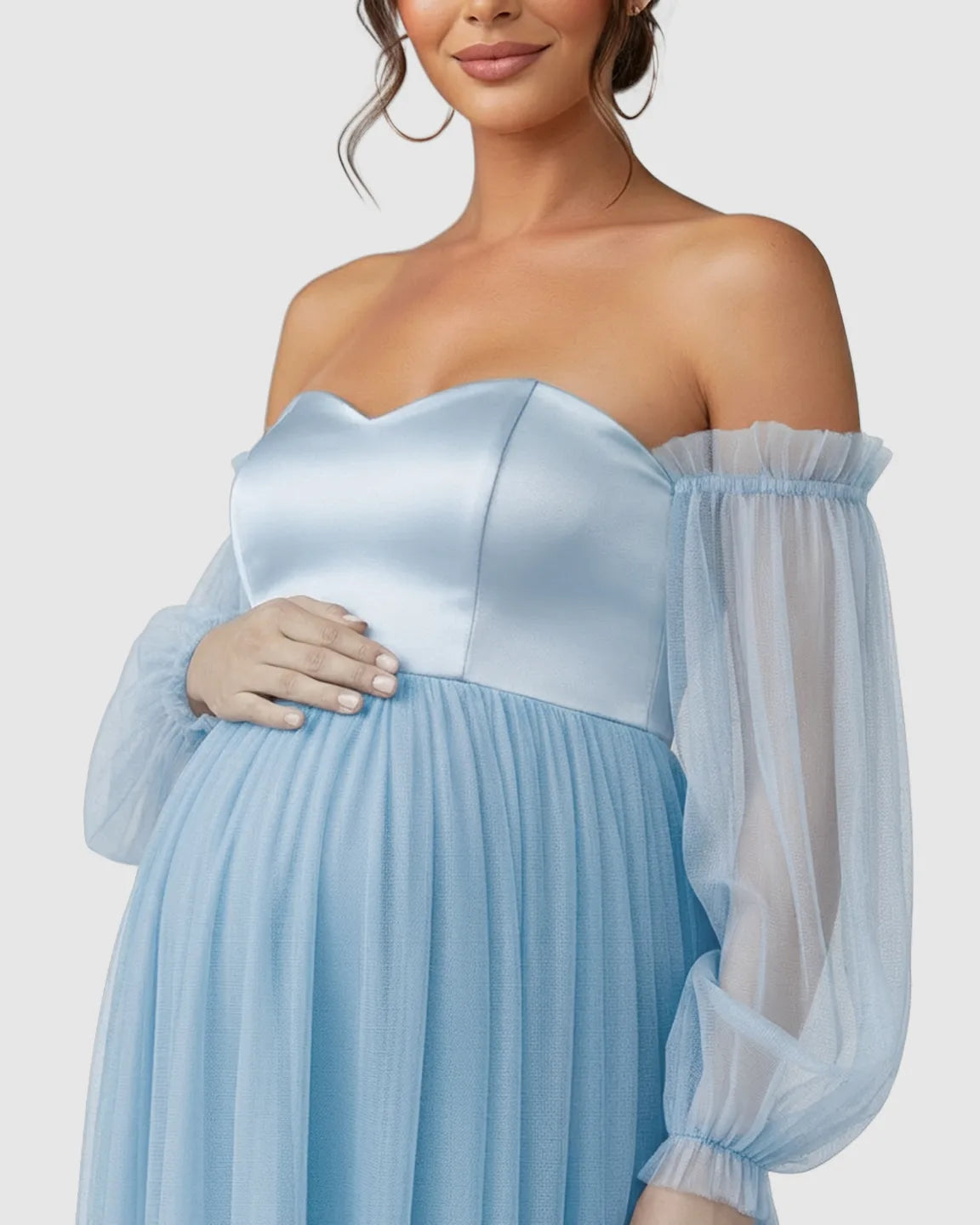 Off-Shoulder Mesh-Sleeve Maternity Gown