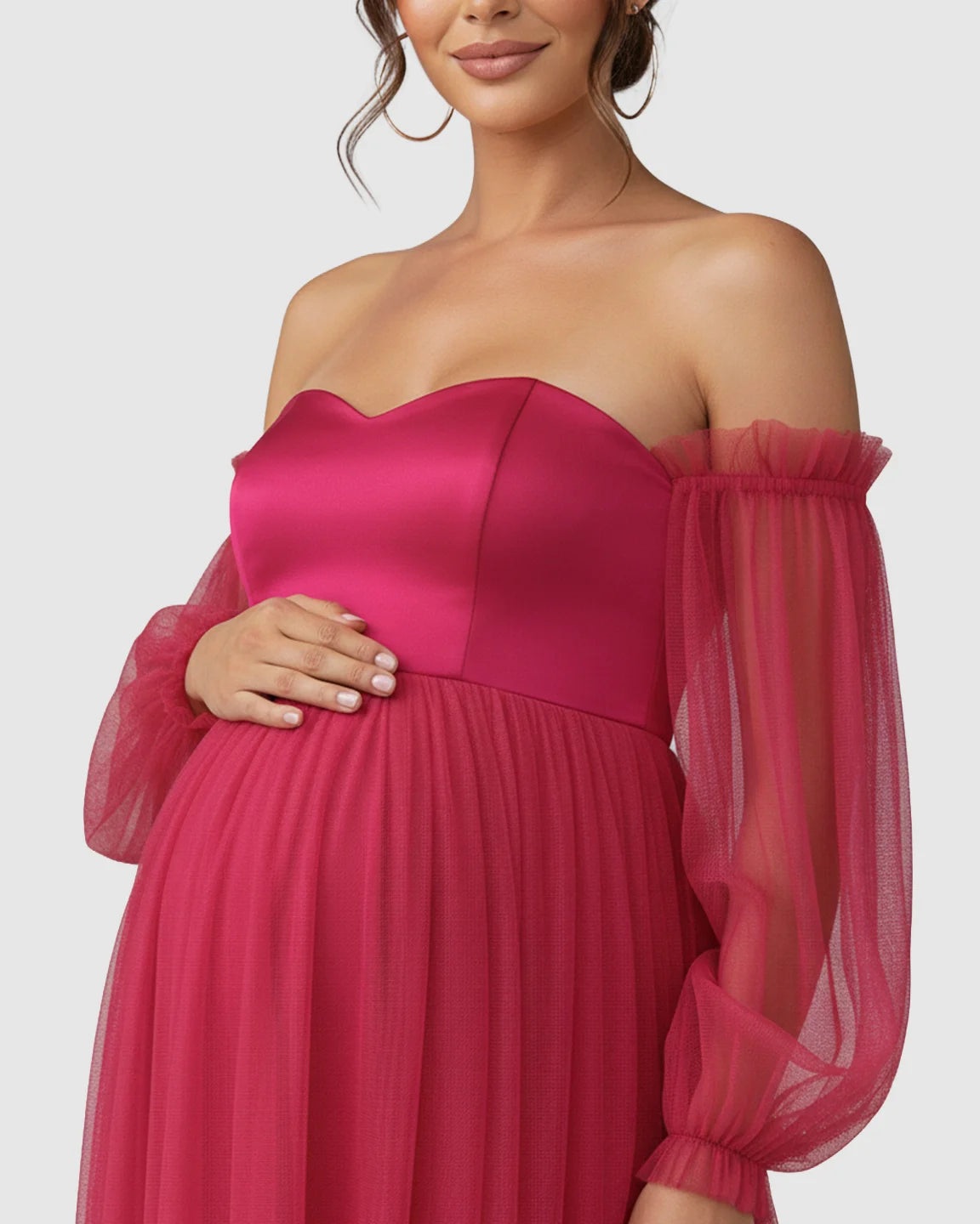 Off-Shoulder Mesh-Sleeve Maternity Gown