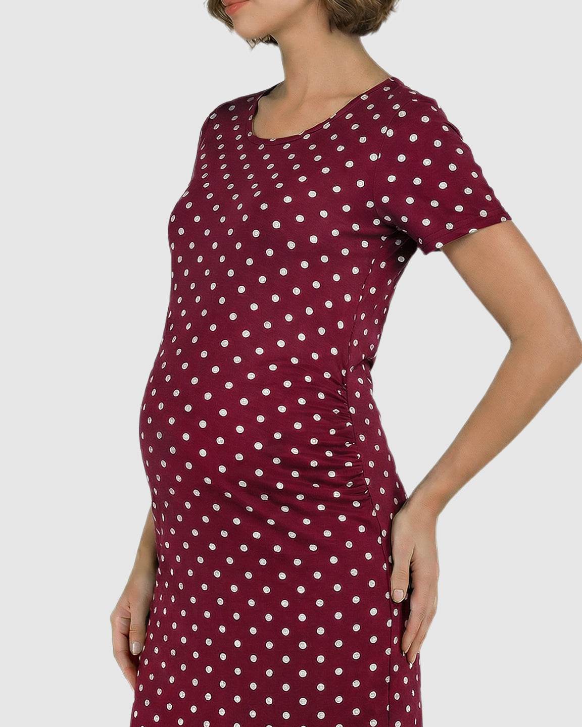 Ruched Polka Dot Bodycon Maternity Midi Dress