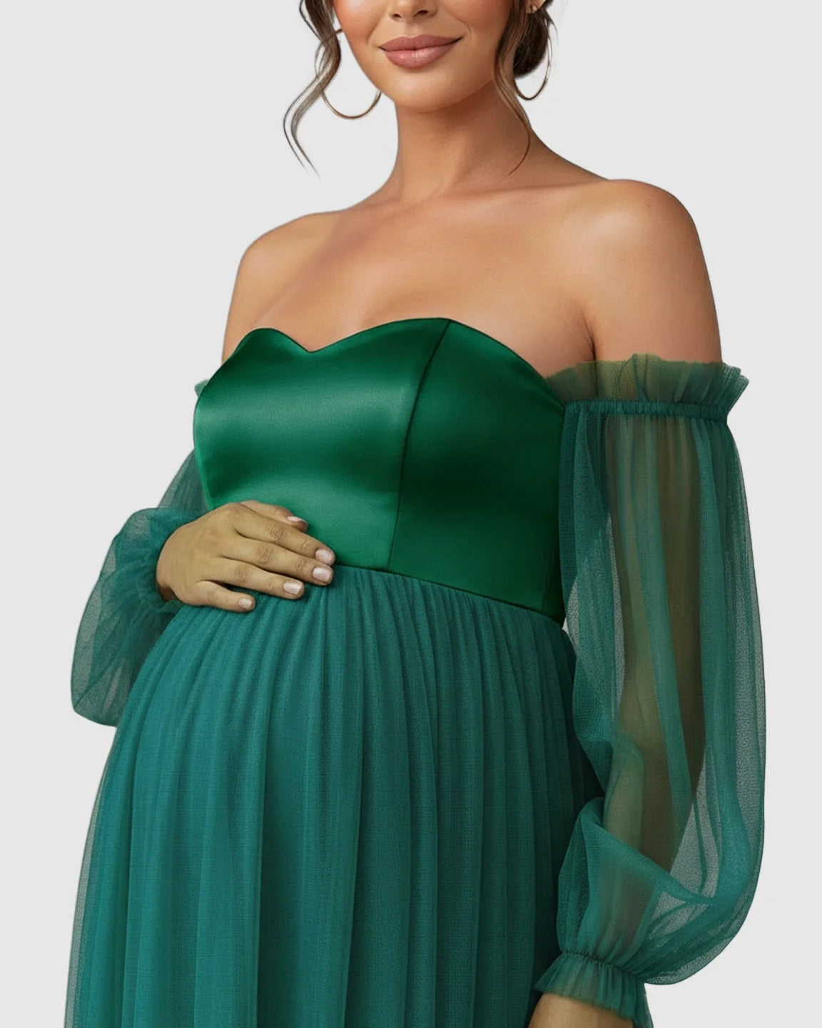 Off-Shoulder Mesh-Sleeve Maternity Gown