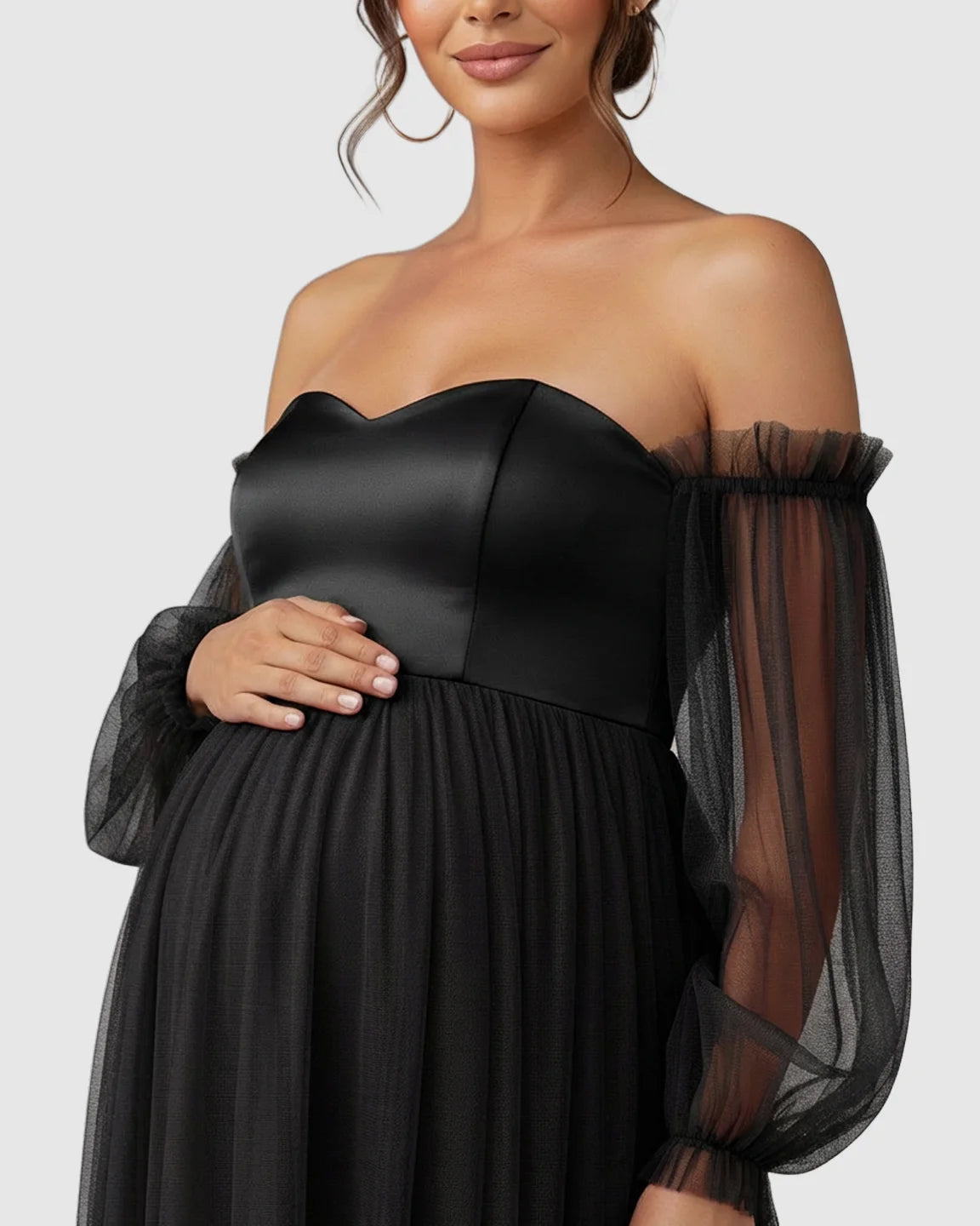 Off-Shoulder Mesh-Sleeve Maternity Gown