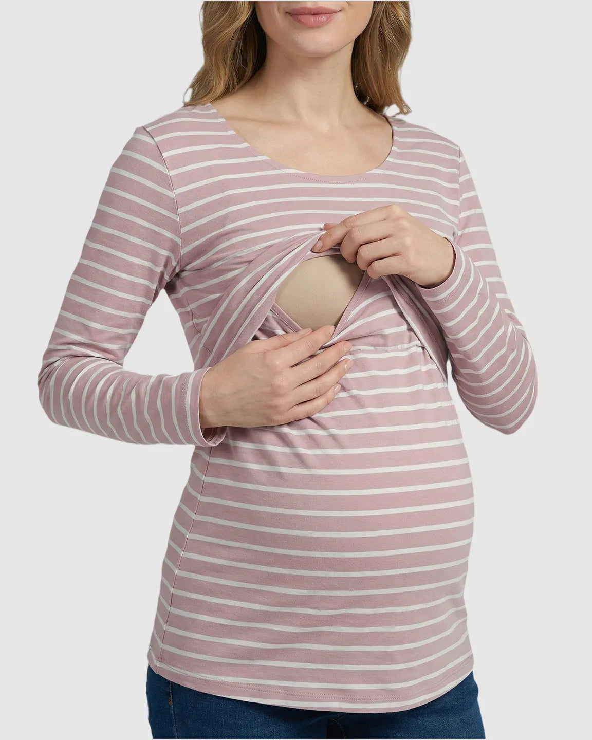 Round Neck Stripe Pull-up Maternity & Nursing Top