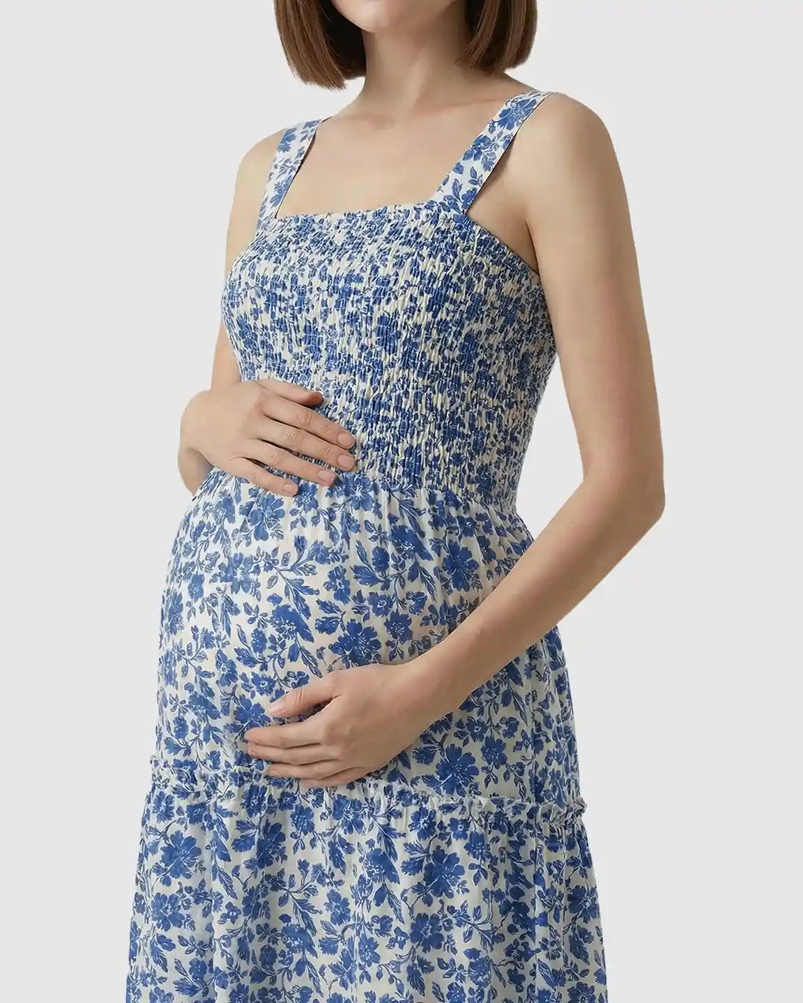 Smocked Floral A-Line Maternity Midi Dress