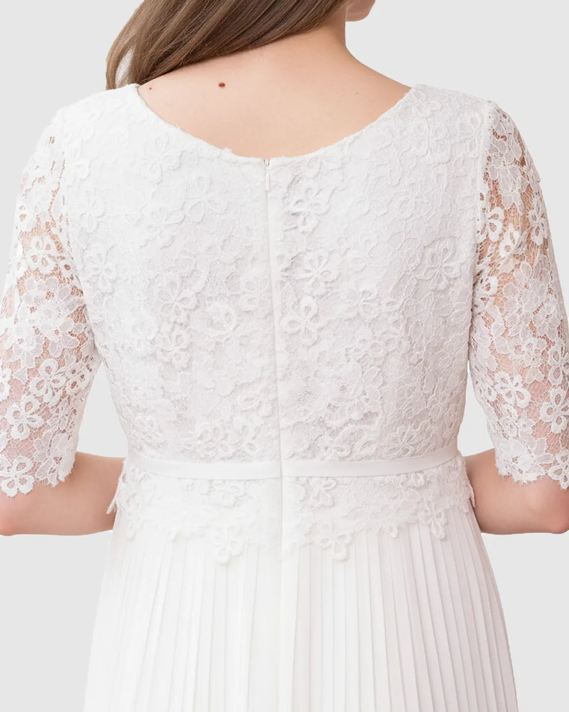 Lace-Sleeve Pleated Maternity Maxi Dress