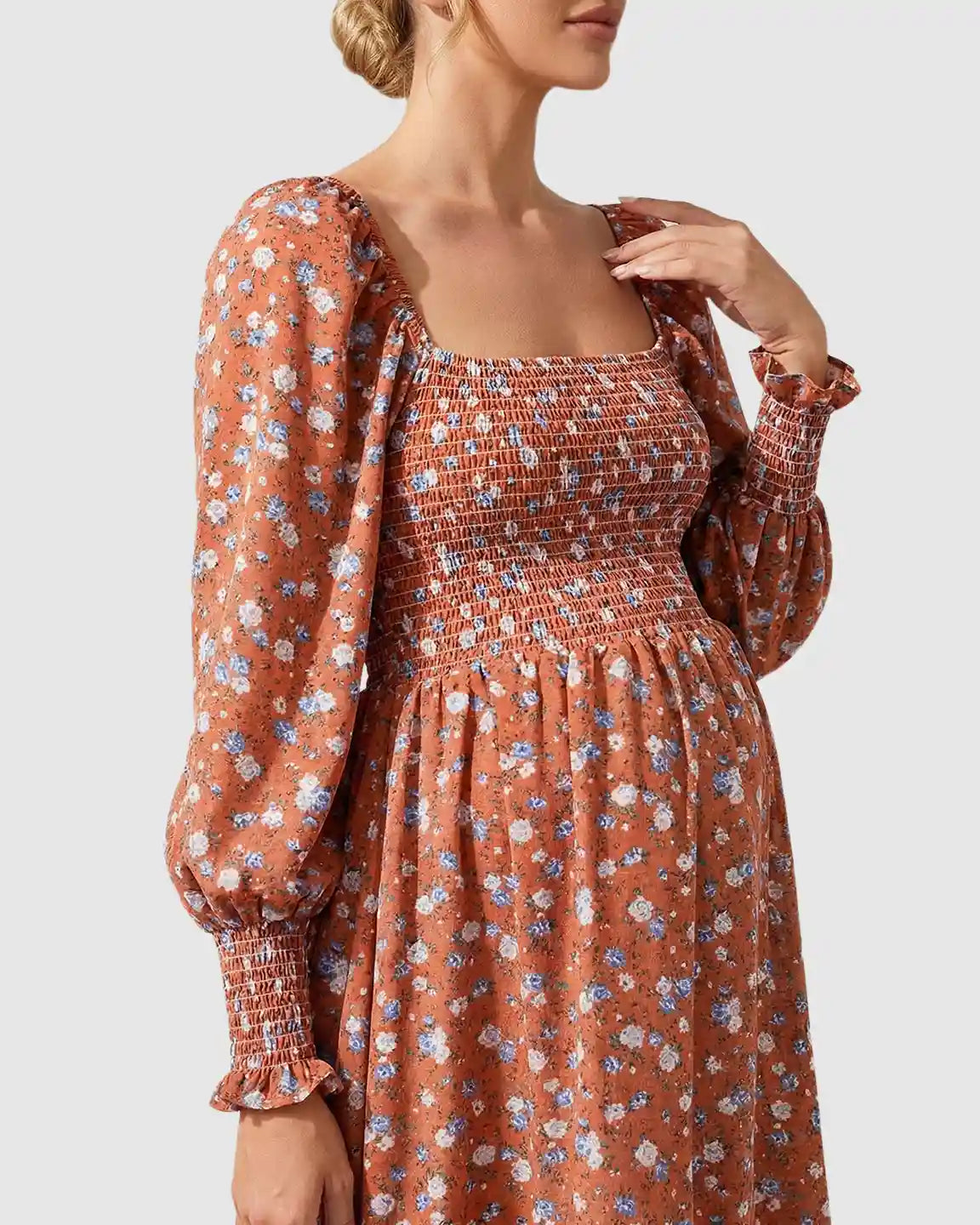 Smocked Bodice Boho Maternity Midi Dress