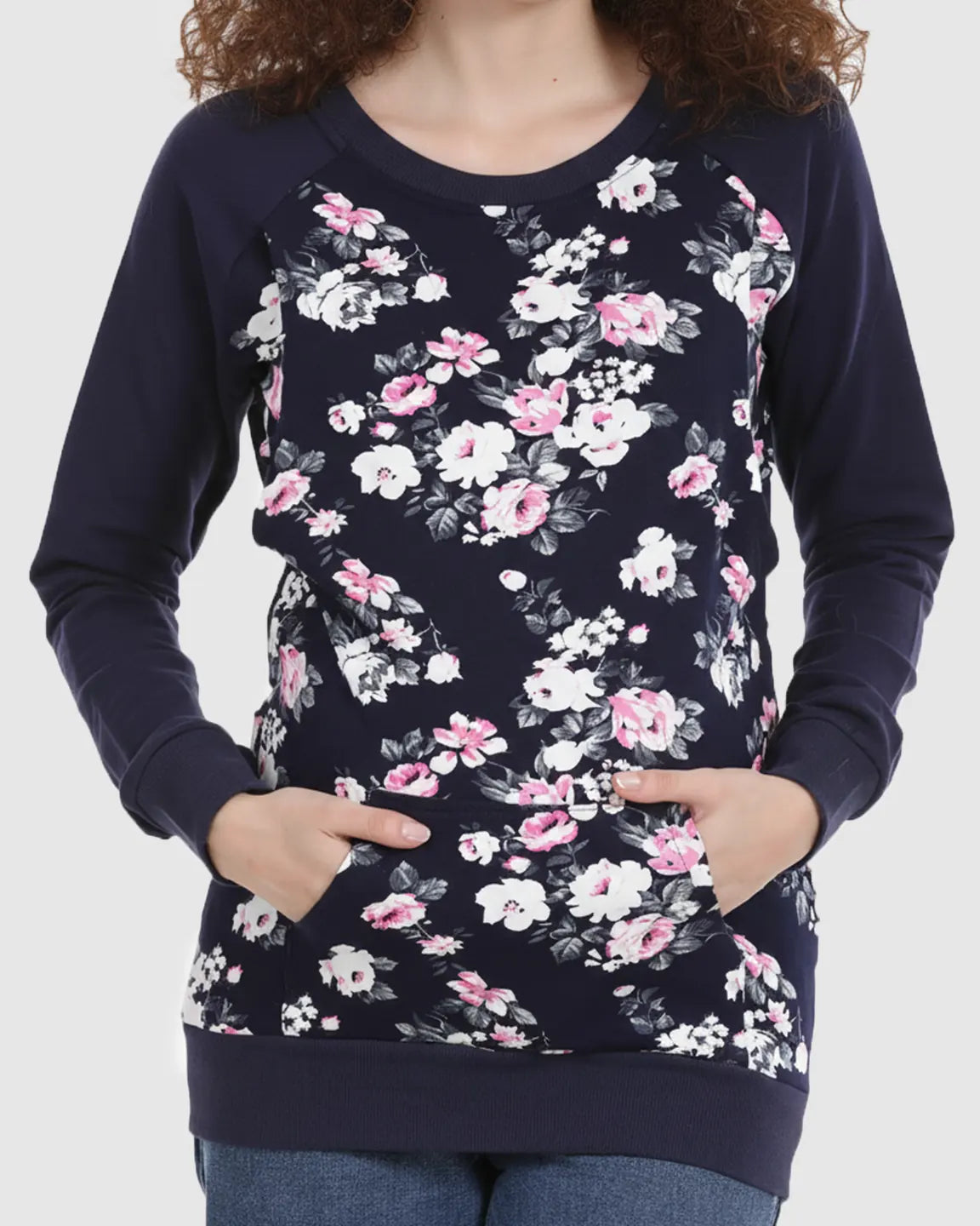 Crew Neck Floral Print Loose Fit Nursing Sweatshirt
