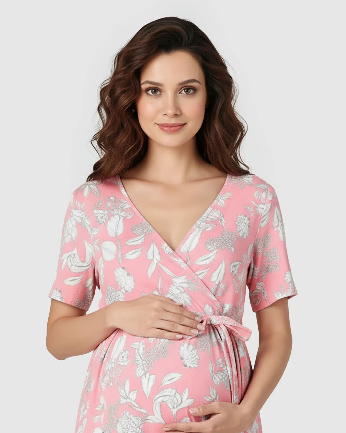V-Neck Floral Wrap Maternity Midi Dress
