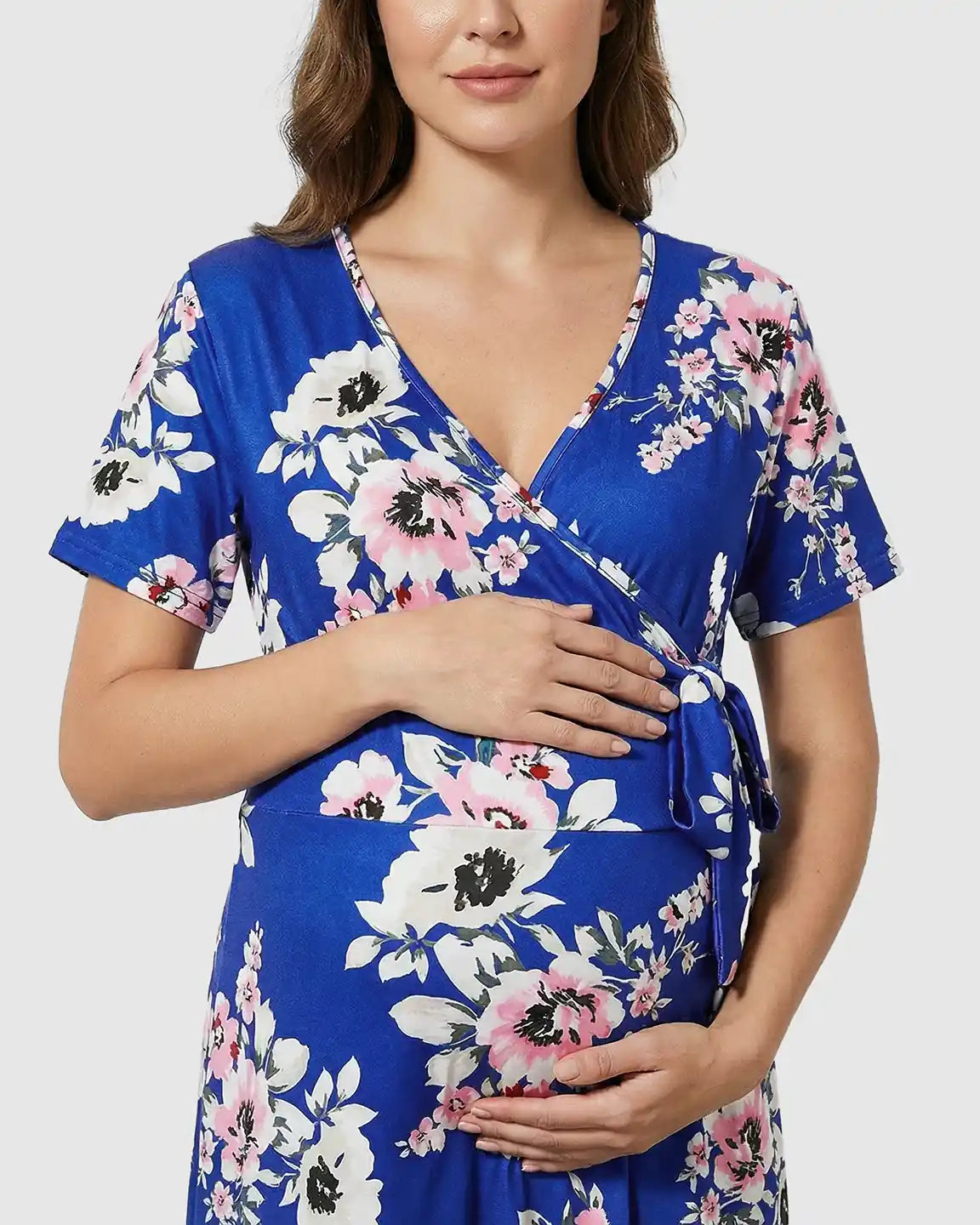 Floral Wrap Waist-Defining Maternity Maxi Dress