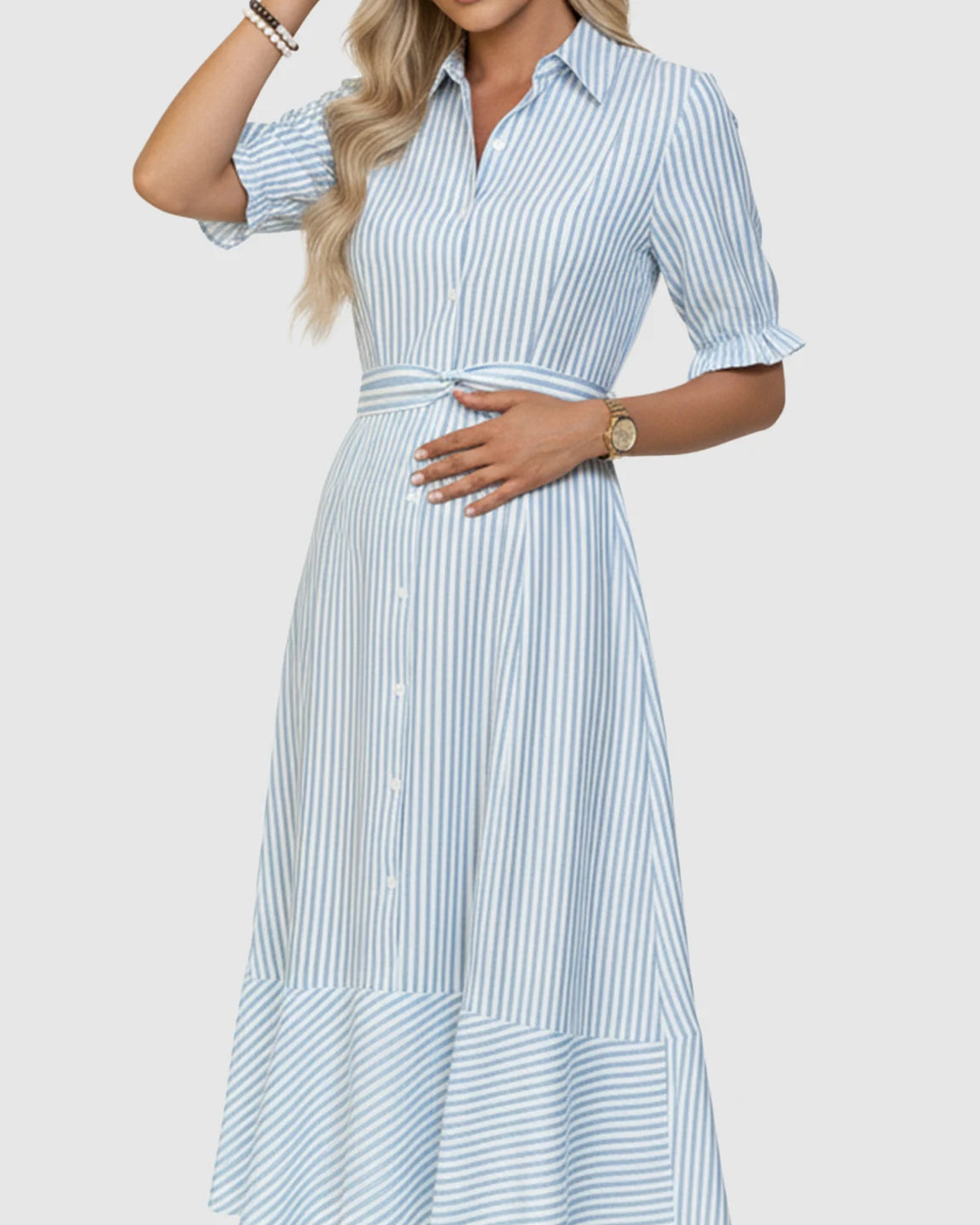 Lapel Puff-Sleeve A-line Maternity Dress