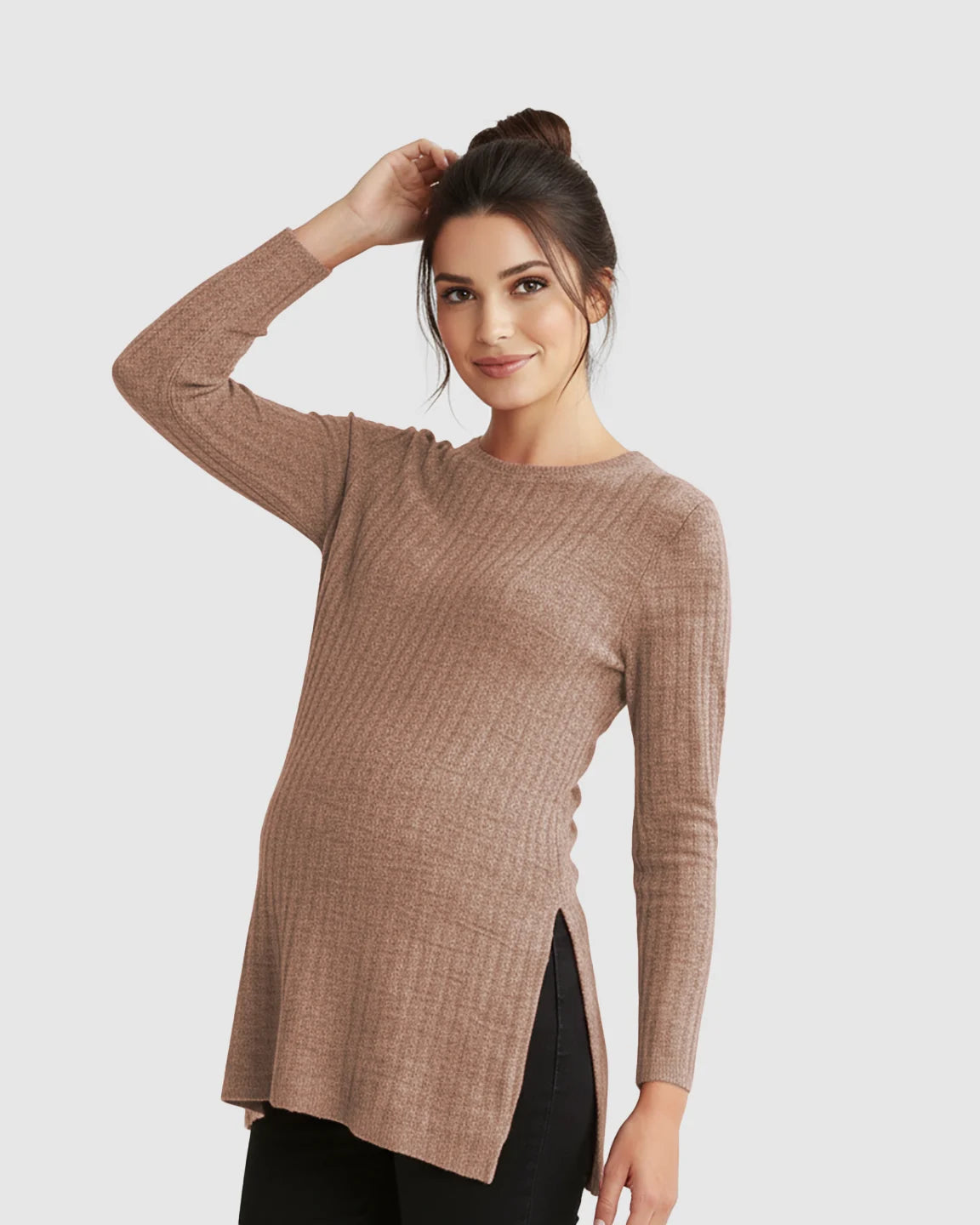 Ribbed Knit Side-Slit Long Sleeve Maternity Top