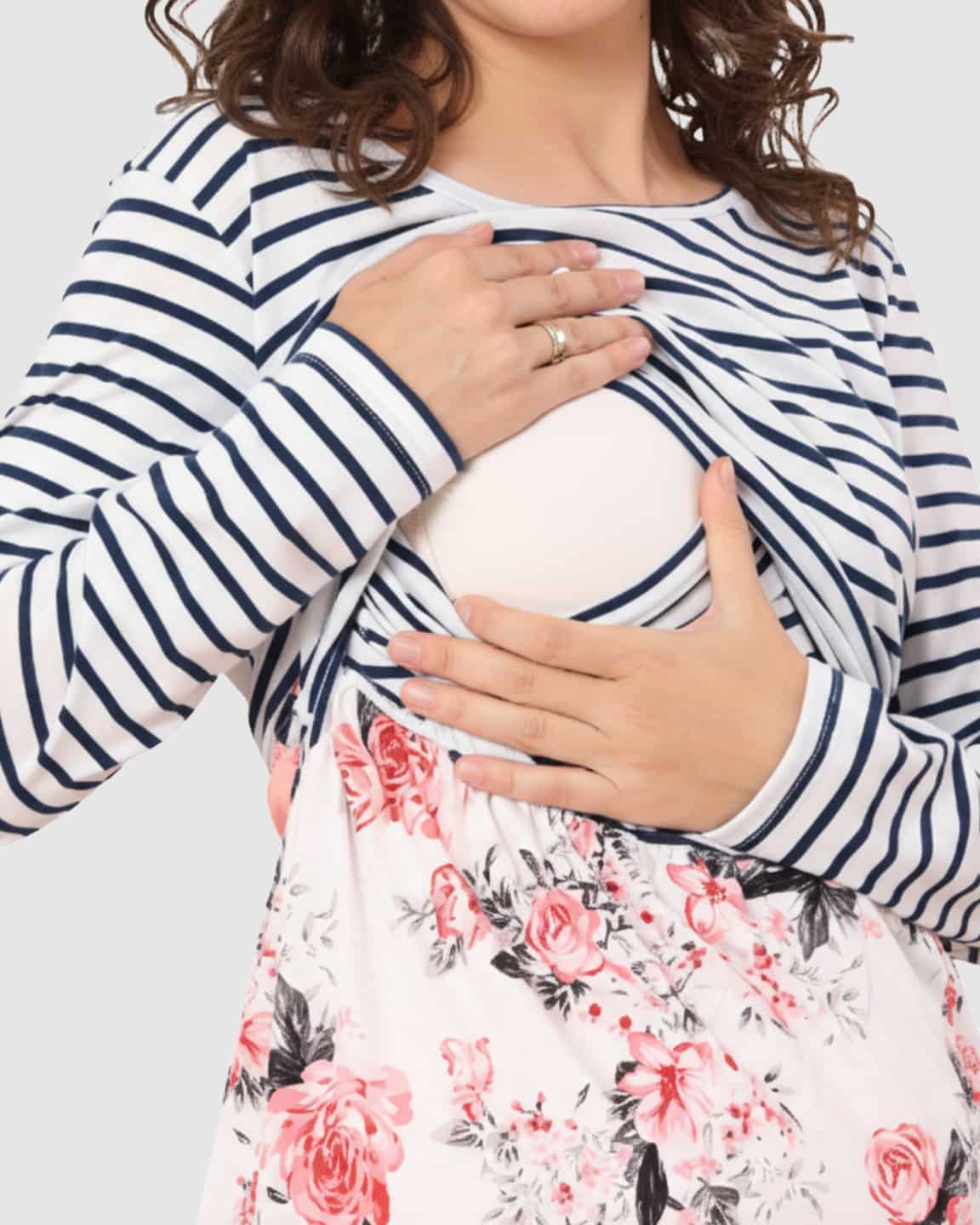 Striped Top Floral Skirt Nursing & Maternity Midi Dress