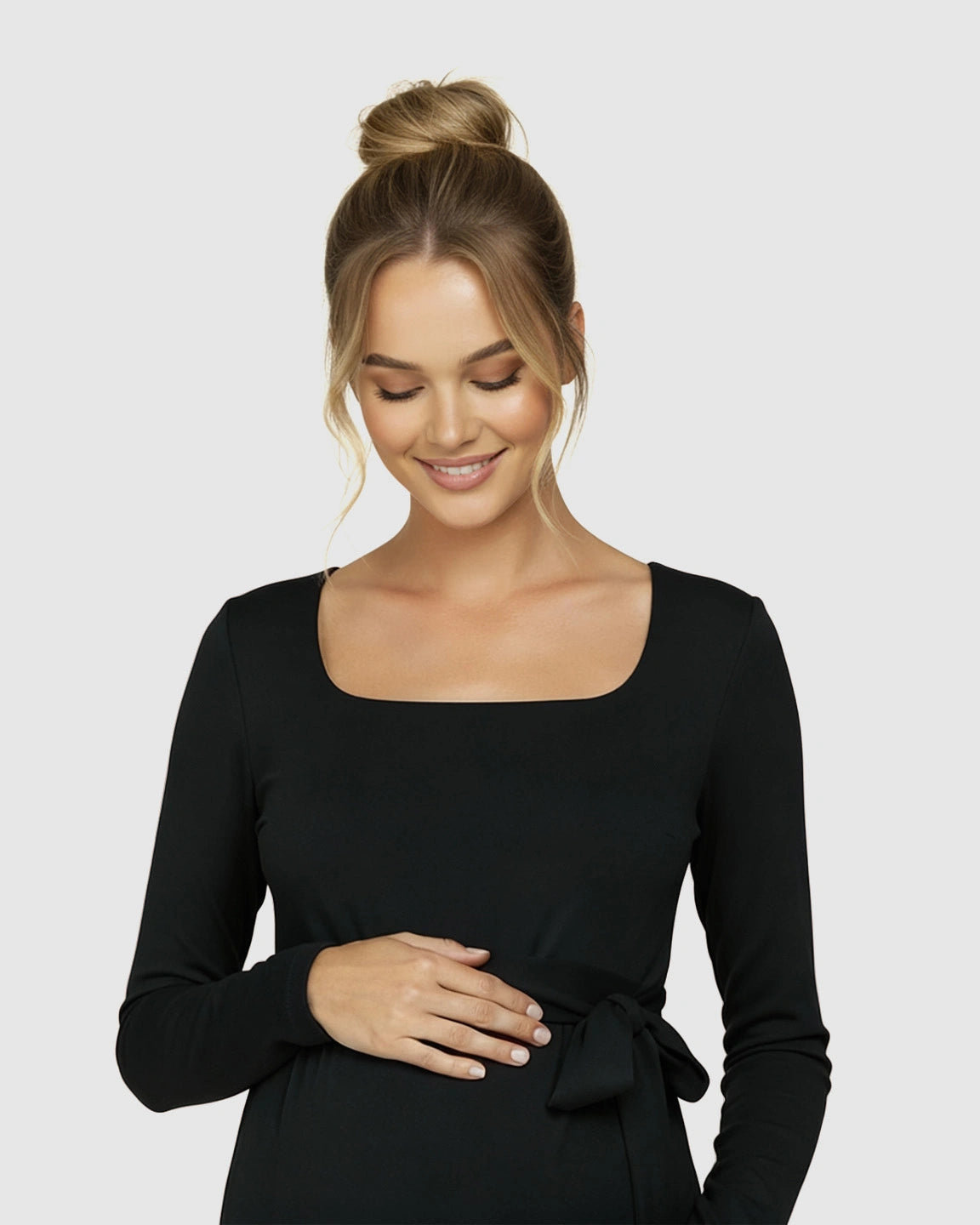 Square Neck Tie-Waist Bodycon Maternity Midi Dress