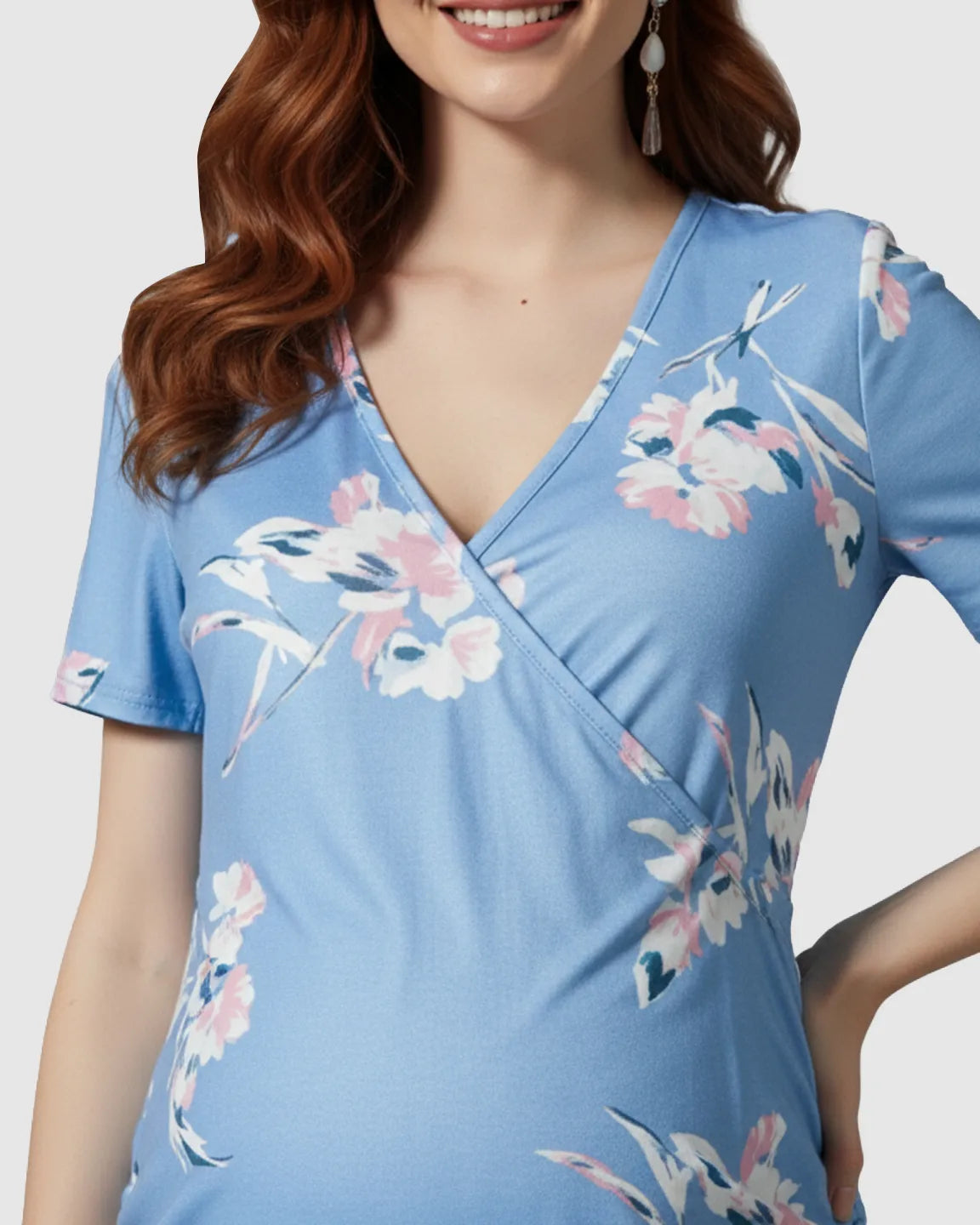 Ruched Floral Wrap Nursing & Maternity Midi Dress