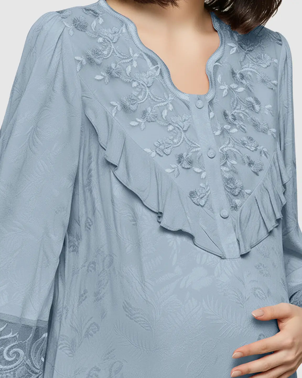 Embroidered Ruffle Flowing Fit Maternity Midi Dress