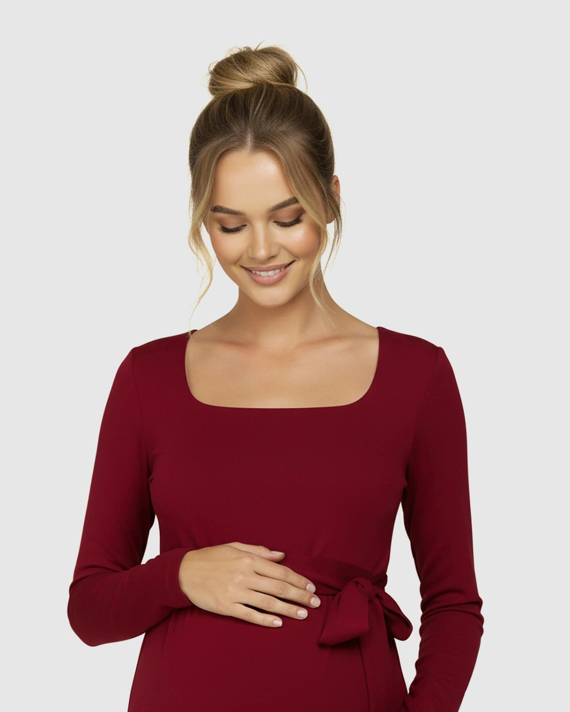 Square Neck Tie-Waist Bodycon Maternity Midi Dress