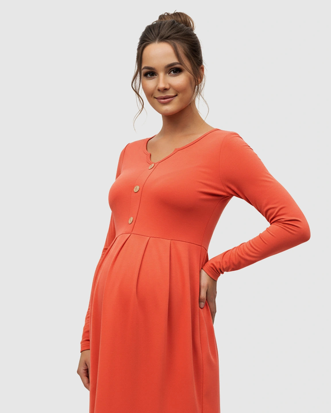 Long Sleeve Button Detail Flared Maternity Dress